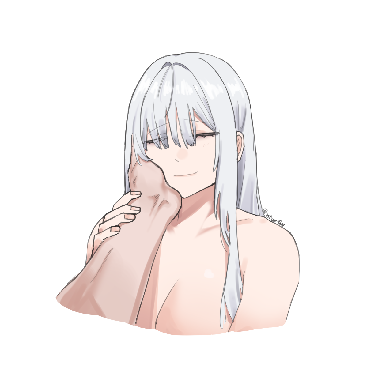 natawaru, ak-12 (girls' frontline), girls' frontline, duplicate, highres, 1girl, 1other, artist name, breasts, closed eyes, closed mouth, collarbone, cropped torso, disembodied hand, hand on another's cheek, hand on another's face, light smile, long hair, simple background, smile, twitter username, white background, white hair