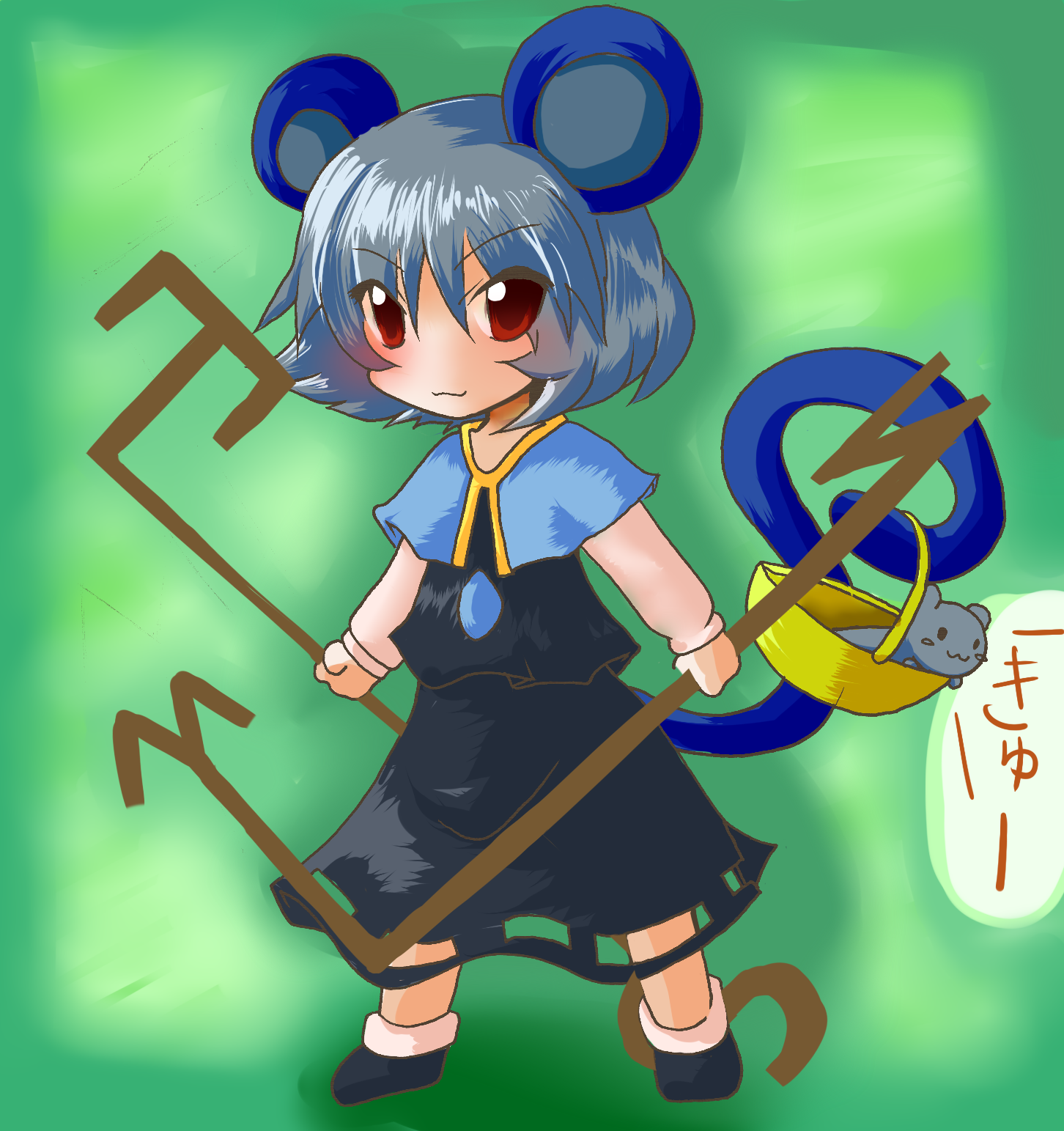negi tsuki jinto, nazrin, touhou, highres, 1girl, animal ears, female focus, full body, gradient background, mouse ears, mouse tail, red eyes, short hair, solo, standing, tail