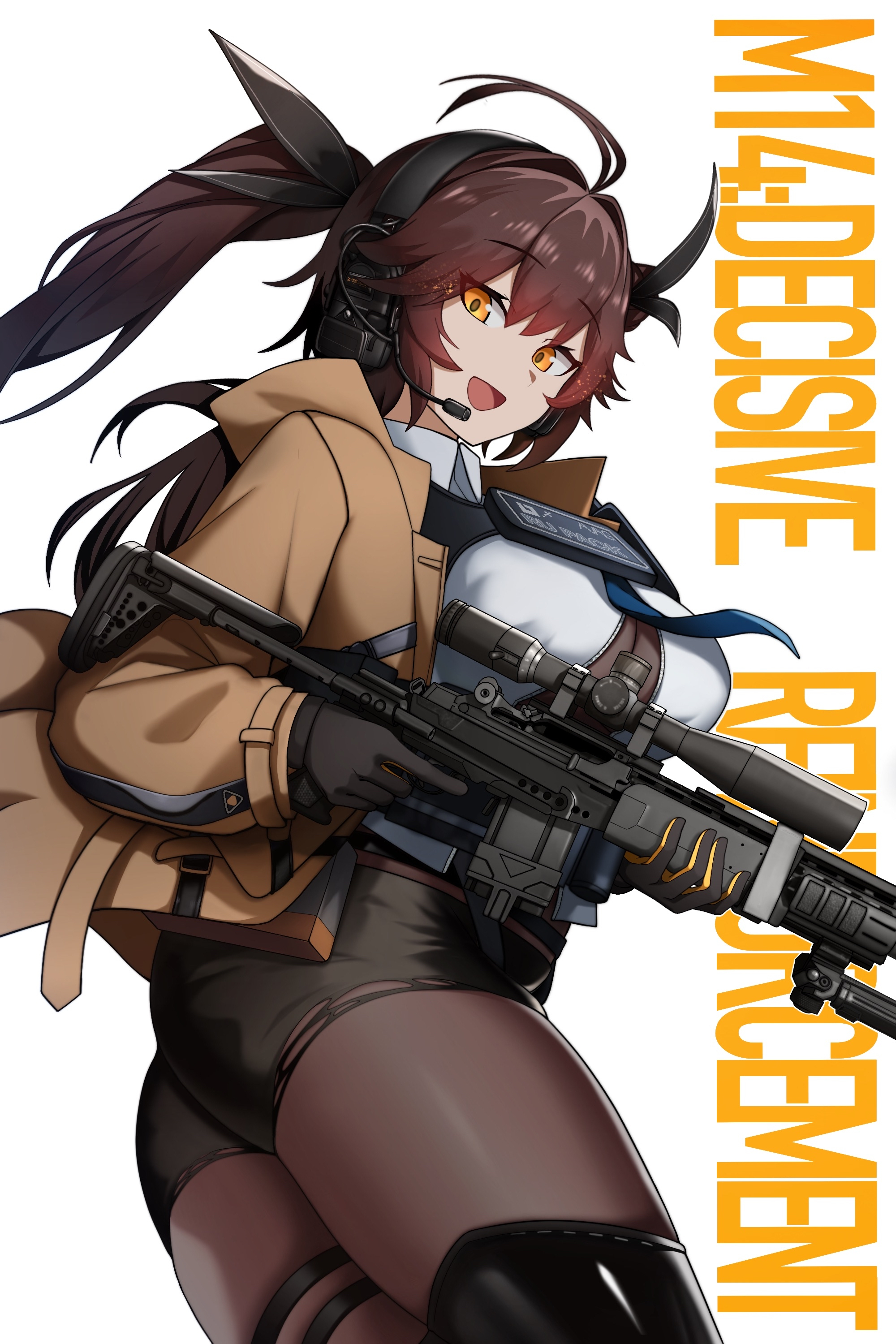 cero (last2stage), m14 (girls' frontline), girls' frontline, absurdres, highres, 1girl, battle rifle, breasts, brown hair, cleavage, gun, holding, holding gun, holding weapon, m14, military, military combat uniform, military uniform, mk 14 ebr, open mouth, pantyhose, rifle, simple background, smile, tactical clothes, weapon, white background, yellow eyes
