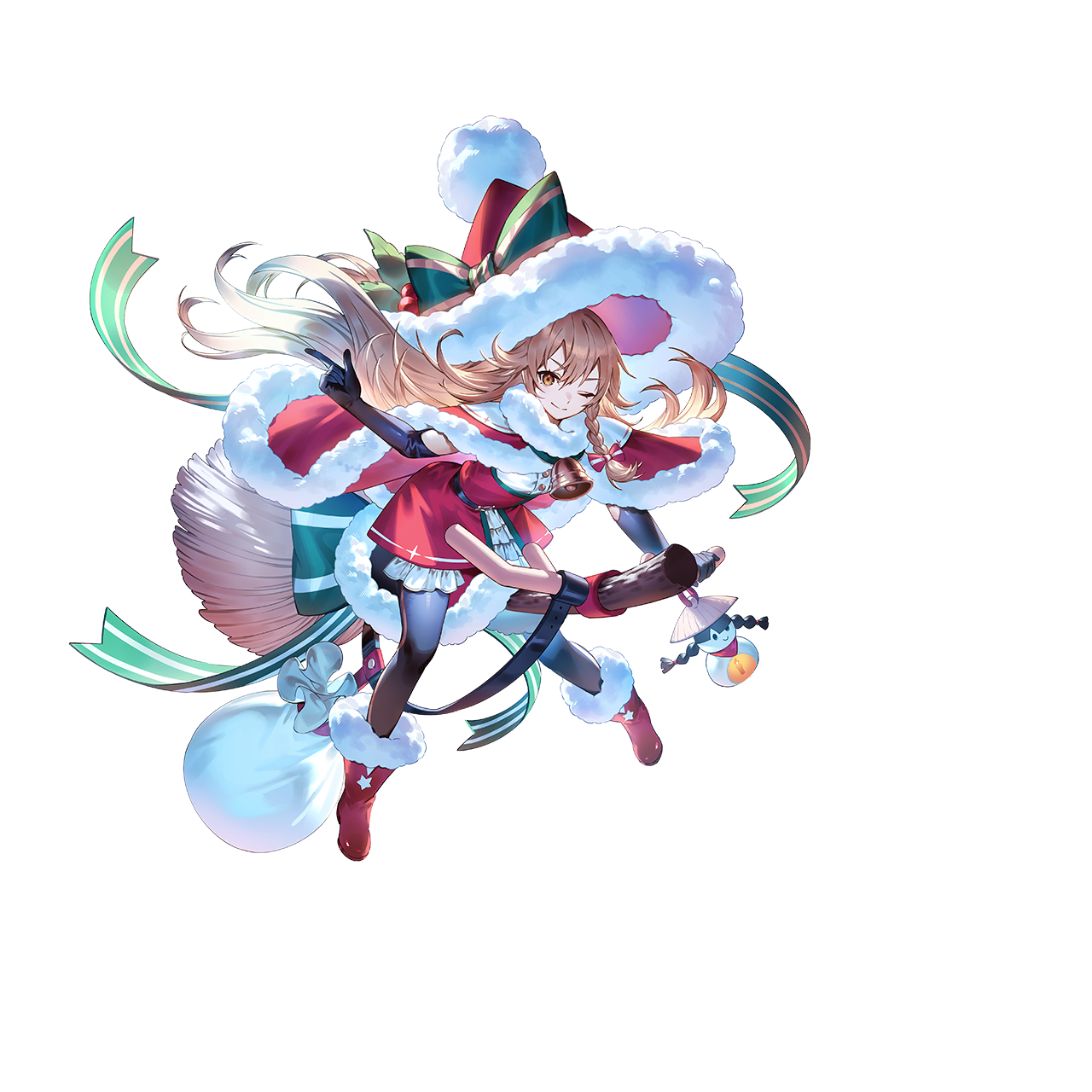 u u zan, kirisame marisa, yatadera narumi, touhou, touhou gensou eclipse, game cg, highres, non-web source, official art, second-party source, 1girl, alternate costume, bell, black gloves, black pantyhose, blonde hair, boots, bow, box, braid, broom, broom riding, cape, closed mouth, dress, elbow gloves, full body, fur-trimmed boots, fur-trimmed cape, fur-trimmed headwear, fur trim, gift, gift box, gloves, green bow, hair bow, hat, hat bow, long hair, looking at viewer, neck bell, one eye closed, pantyhose, red boots, red bow, red cape, red dress, red hat, sack, santa costume, santa hat, side braid, single braid, smile, solo, star (symbol), transparent background, two-tone bow, very long hair, white bow, witch hat, yellow bow, yellow eyes