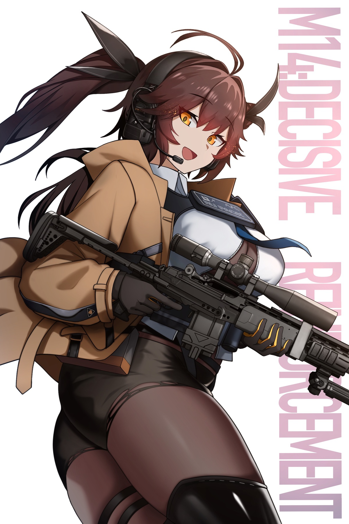 cero (last2stage), m14 (girls' frontline), girls' frontline, highres, 1girl, battle rifle, breasts, brown hair, cleavage, gun, holding, holding gun, holding weapon, m14, military, military combat uniform, military uniform, mk 14 ebr, open mouth, pantyhose, rifle, simple background, smile, tactical clothes, weapon, white background, yellow eyes