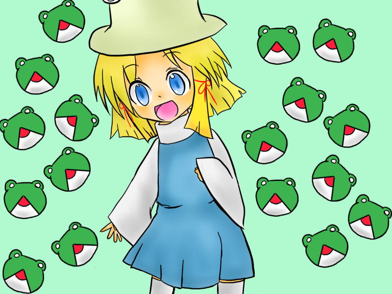 neji hebi yuuki, kero (cardcaptor sakura), moriya suwako, touhou, bad id, bad pixiv id, 1girl, dress, female focus, frog, hat, simple background, solo