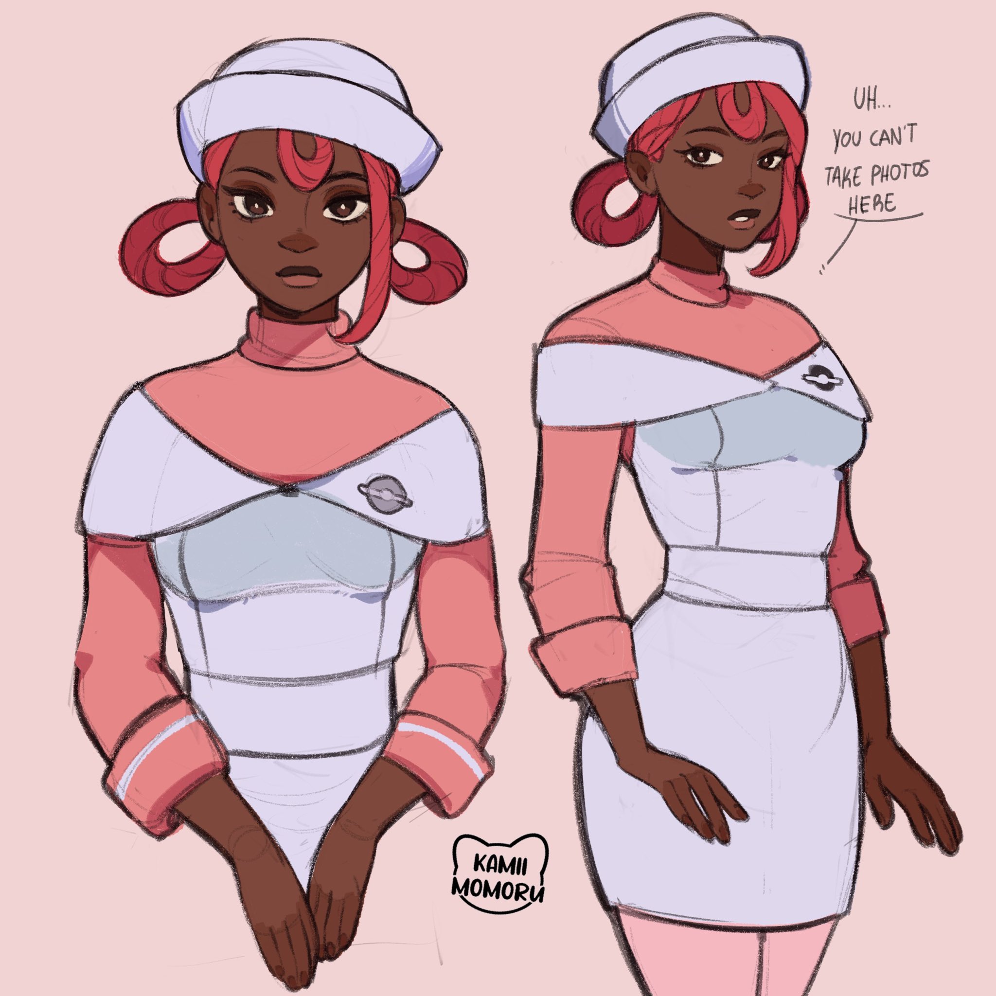 kamii momoru, joy (pokemon), nintendo, pokemon, pokemon legends: z-a, highres, 1girl, breasts, closed mouth, dark-skinned female, dark skin, dress, english text, hair rings, hat, long hair, long sleeves, looking at viewer, nurse, nurse cap, pantyhose, parted lips, pink dress, pink hair, pink pantyhose, simple background, white dress
