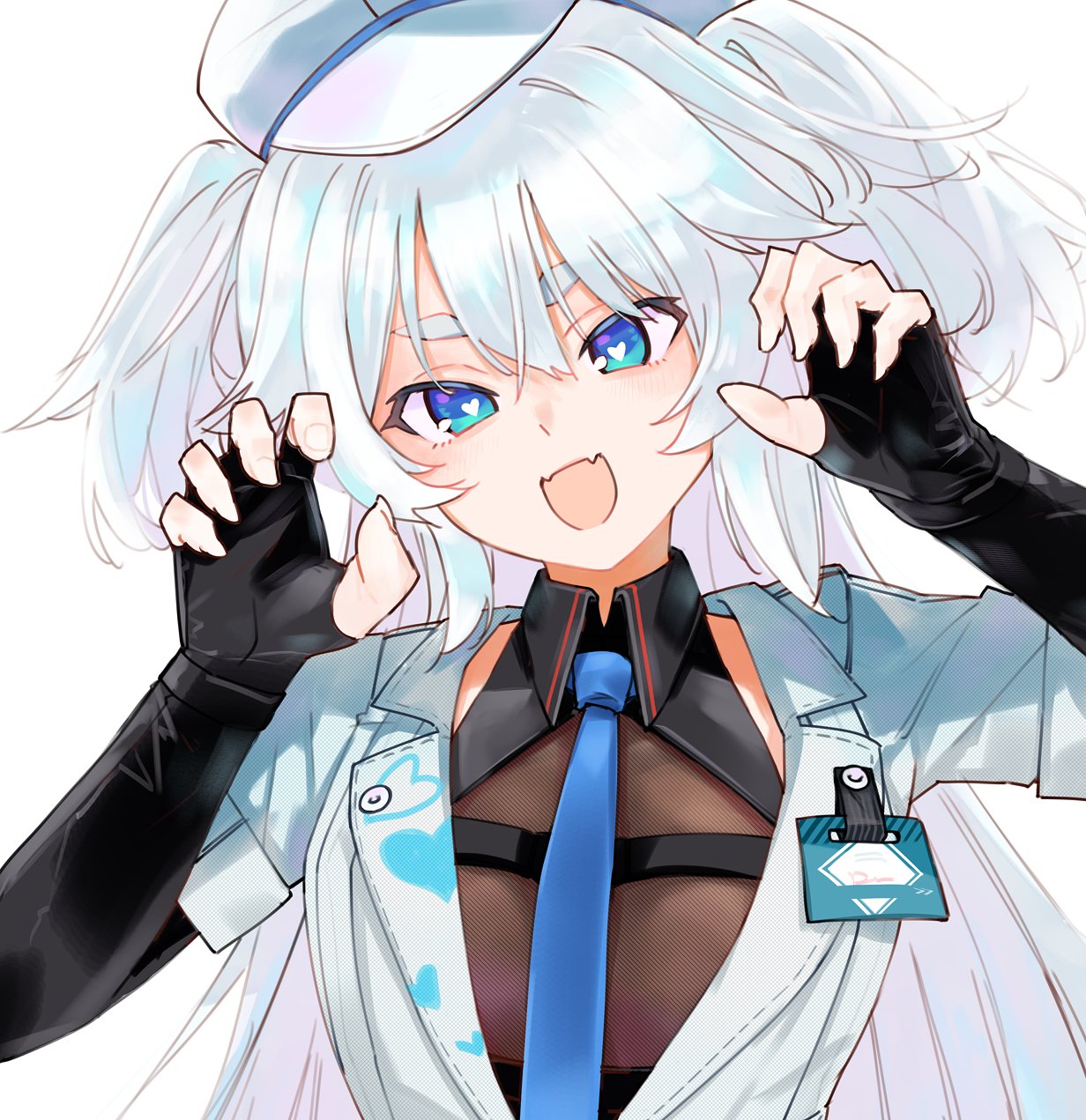 namakura (a namakura), florence (girls' frontline 2), pa-15 (girls' frontline), girls' frontline, girls' frontline 2: exilium, black bodystocking, commentary, english commentary, highres, 1girl, :d, black gloves, blue eyes, blue necktie, bodystocking, bright pupils, claw pose, elbow gloves, fangs, fingerless gloves, flat chest, gloves, hands up, hat, head tilt, heart, heart-shaped pupils, heart print, id card, jacket, lapels, long hair, looking at viewer, necktie, notched lapels, nurse, nurse cap, open mouth, print jacket, short eyebrows, short sleeves, simple background, skin fangs, sleeveless, smile, solo, straight-on, symbol-shaped pupils, thick eyebrows, tsurime, two side up, white background, white hair, white hat, white jacket, white pupils, wing collar