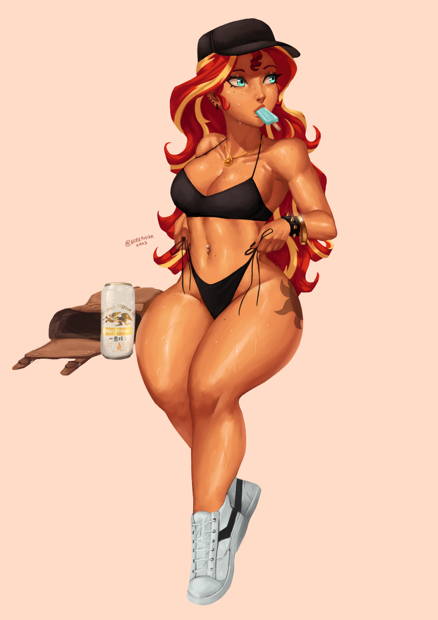 nire (nirefuster), sunset shimmer, sunset shimmer (human), my little pony, my little pony: equestria girls, my little pony: friendship is magic, highres, 1girl, bag, bare shoulders, beer can, bikini, body freckles, breasts, can, cleavage, curvy, drink can, food, freckles, hat, jewelry, looking to the side, multicolored hair, pendant, popsicle, pulling own clothes, satchel, shoes, simple background, sneakers, swimsuit, tattoo, wristband