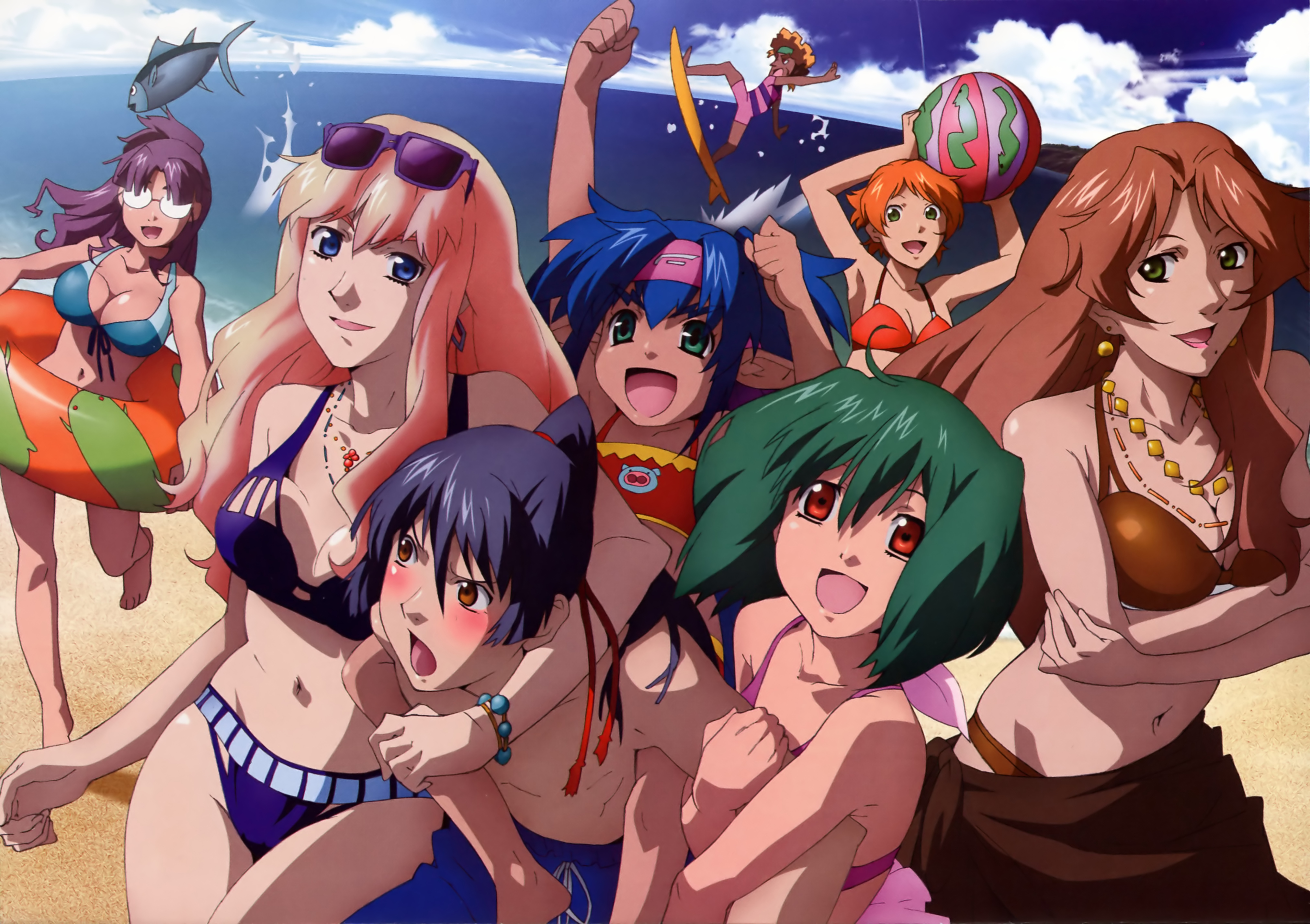 takahashi yuuichi, bobby margot, catherine glass, klan klein, matsuura nanase, meltrandi, monica lang, ranka lee, saotome alto, sheryl nome, zentradi, macross, macross frontier, megami magazine, absurdres, highres, official art, scan, 00s, 2boys, 6+girls, :d, ball, beach, beachball, bikini, blue eyes, blue hair, blush, breasts, brown eyes, child, cleavage, day, glasses, green eyes, green hair, innertube, large breasts, long hair, medium breasts, multiple boys, multiple girls, navel, opaque glasses, open mouth, outdoors, pointy ears, purple hair, short hair, smile, sunglasses, swim ring, swimsuit