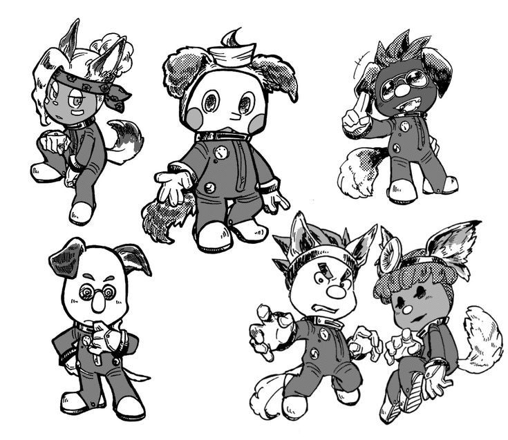 collin (pikmin), shepherd (pikmin), nintendo, pikmin (series), pikmin 4, artist request, source request, third-party source, +++, 1girl, 5boys, annoyed, bernard (pikmin), blush stickers, boots, clenched teeth, cowlick, dark-skinned female, dark-skinned male, dark skin, dingo (pikmin), dog boy, dog girl, expressionless, forehead, gauntlets, glasses, gloves, greyscale, hair bun, half-closed eyes, halftone, hand on own chin, hand on own hip, hand on own knee, happy, head mirror, headband, invisible chair, kemonomimi mode, knee up, long bangs, marking on cheek, monochrome, multiple boys, no headwear, novelty glasses, opaque glasses, open mouth, parted lips, rescue corps, round eyewear, russ (pikmin), short hair, simple background, single bang, single hair bun, sitting, spacesuit, spiked hair, sunglasses, teeth, thick eyebrows, thinking, updo, v-shaped eyebrows, very dark skin, white background, yonny (pikmin)