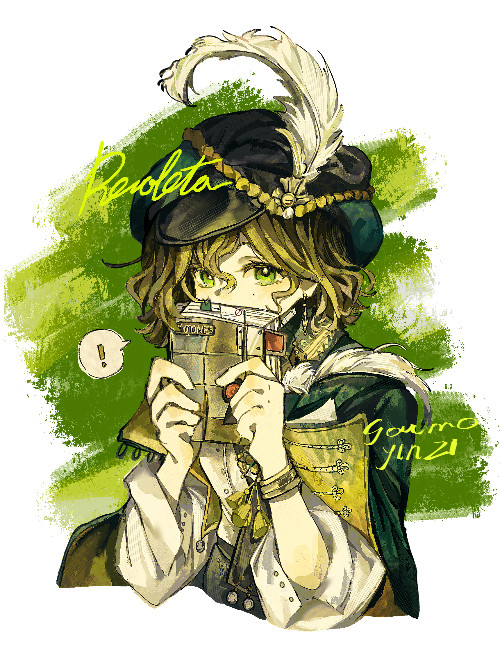 recoleta (reverse:1999), reverse:1999, highres, !, 1girl, artist name, brown hair, cape, character name, covered mouth, covering own mouth, cropped torso, green background, green cape, green eyes, green hat, hands up, hat, hat feather, holding, holding notebook, mole, mole under eye, newsboy cap, notebook, shirt, signature, solo, speech bubble, spoken exclamation mark, two-tone background, upper body, white background, white shirt, youmo yinzi