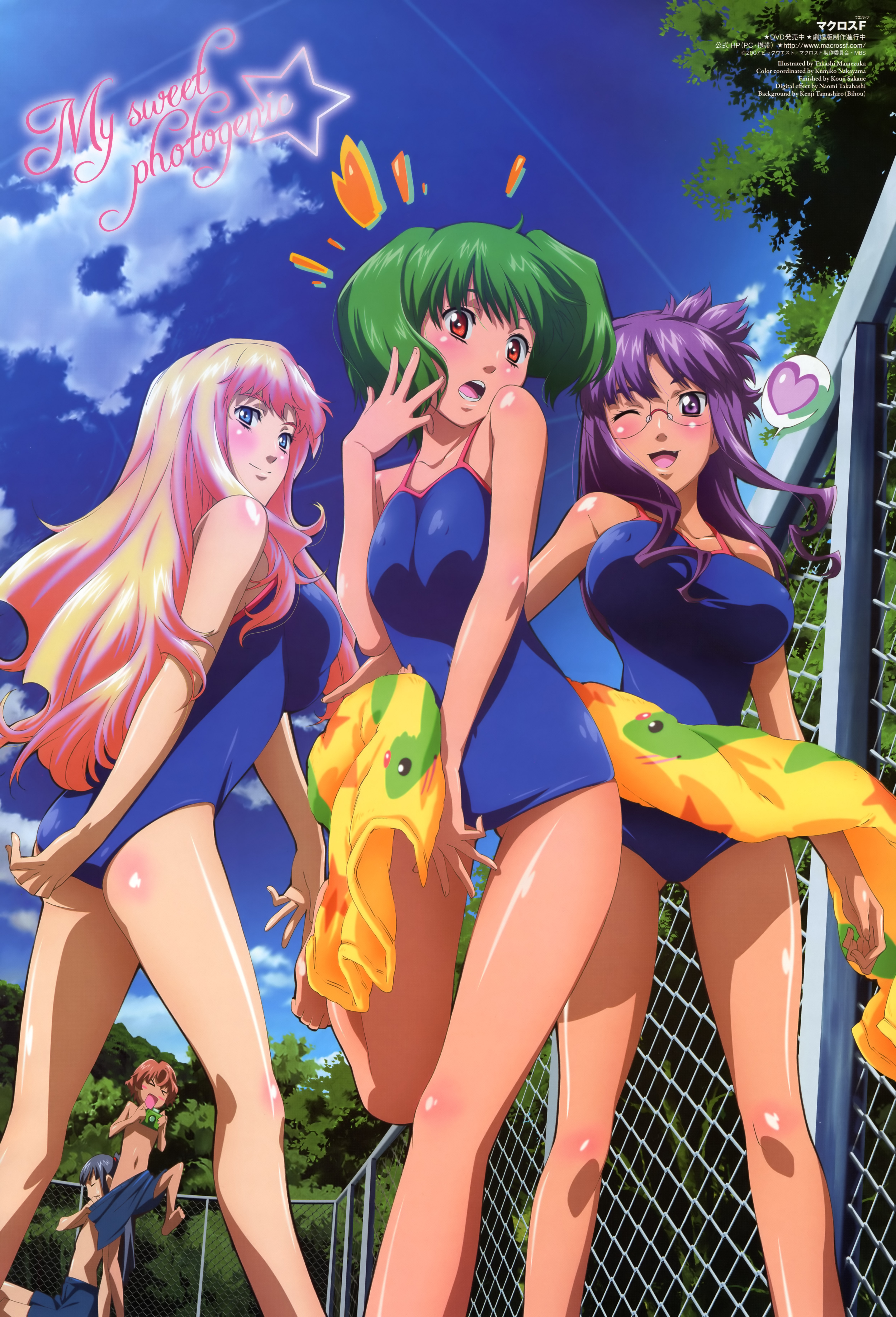 mamezuka takashi, luca angeloni, matsuura nanase, ranka lee, saotome alto, sheryl nome, macross, macross frontier, absurdres, highres, official art, scan, 00s, 2boys, 3girls, blue eyes, blue hair, blush, brown hair, covered erect nipples, fang, glasses, green hair, long hair, multiple boys, multiple girls, one-piece swimsuit, one eye closed, purple eyes, purple hair, short hair, swimsuit, wink