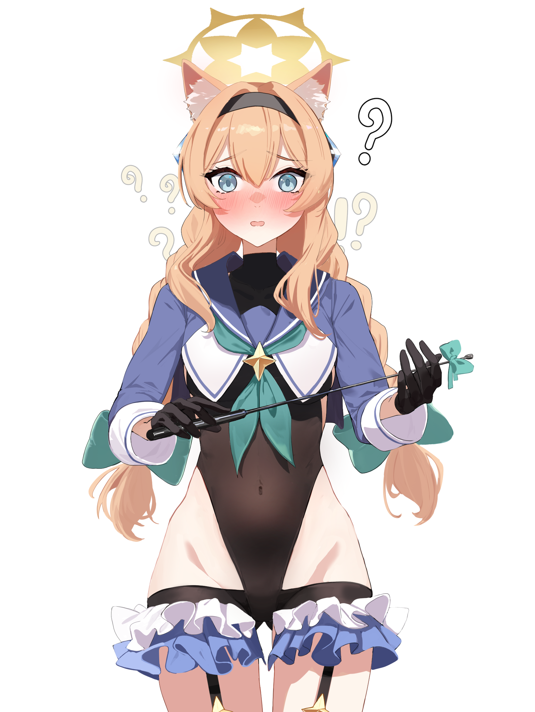 ailushin, mari (blue archive), shimiko (blue archive), blue archive, braided twintails, highres, !?, 1girl, ?, alternate costume, animal ear fluff, animal ears, black gloves, black leotard, blue eyes, blue shrug, blush, braid, cat ears, cosplay, covered navel, cowboy shot, embarrassed, frills, gloves, half gloves, halo, highleg, highleg leotard, holding, holding riding crop, leotard, looking at viewer, low twin braids, lowleg, orange hair, riding crop, shimiko (blue archive) (cosplay), shimiko (magical) (blue archive), shrug (clothing), twin braids, white background, yellow halo
