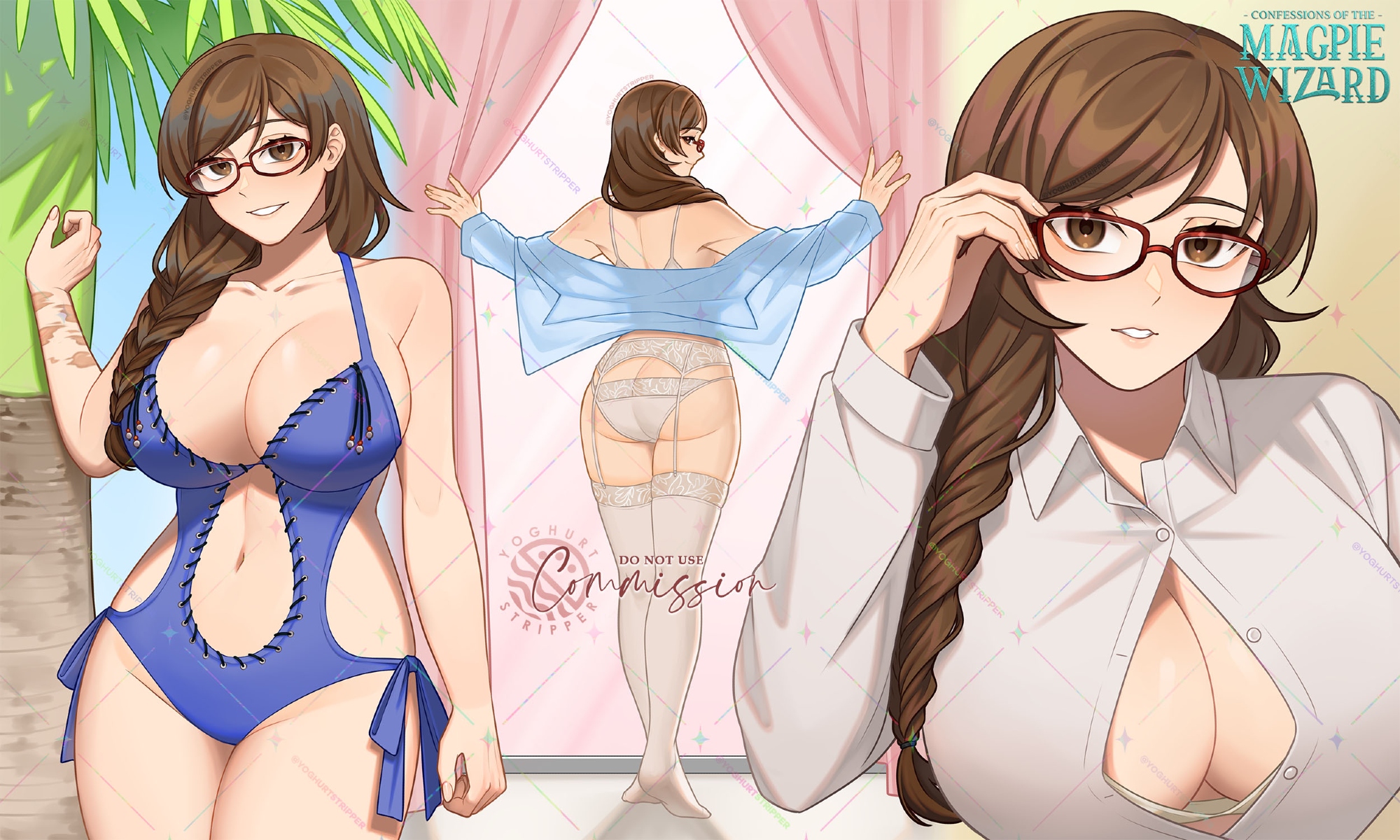 yoghurtstripper, original, highres, 1girl, babydoll, blush, braid, braided ponytail, breasts, brown eyes, brown hair, buttons, closed mouth, collared shirt, glasses, lace, lace-trimmed thighhighs, lace panties, lace trim, large breasts, lingerie, long hair, looking at viewer, panties, ponytail, shirt, side braid, side ponytail, single braid, smile, solo, swimsuit, teeth, thighhighs, underwear, white shirt