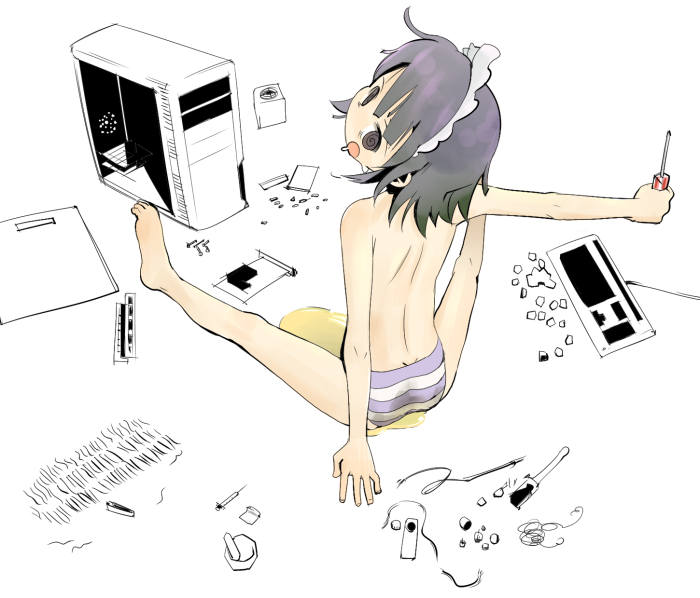 yakui, futaba channel, nijiura maids, 1girl, barefoot, computer, computer keyboard, drugged, drugs, feet, female focus, panties, pee, peeing, peeing self, saliva, screwdriver, solo, striped clothes, striped panties, topless female, underwear, wet, wet clothes, wet panties