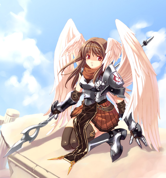 hirano katsuyuki, 1girl, angel wings, armor, boots, brown hair, cloud, day, female focus, gloves, head wings, knees together feet apart, polearm, red eyes, sky, solo, spear, thighhighs, weapon, wings