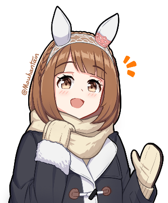 mouhantain, yukino bijin (umamusume), umamusume, lowres, 1girl, :d, animal ears, black coat, blush, bow, braid, brown eyes, brown hair, brown mittens, brown scarf, coat, crown braid, ear covers, hairband, horse ears, horse girl, horse tail, looking at viewer, mittens, notice lines, open mouth, scarf, short hair, smile, snow rabbit, solo, tail, upper body, white hairband