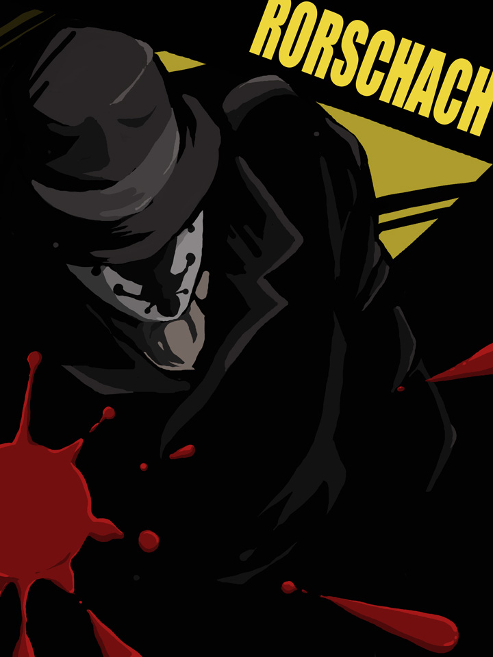chakki, rorschach, dc comics, watchmen, bad id, bad pixiv id, 1boy, blood, character name, coat, dark, fedora, hat, inkblot, jacket, male focus, mask, solo, trench coat