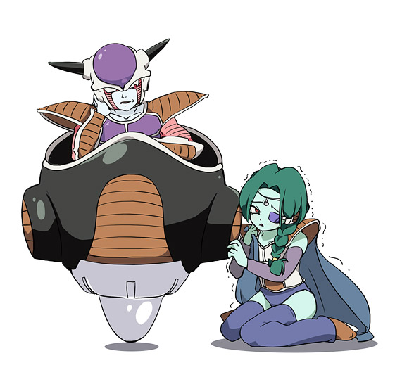 ixy, 1st form frieza, frieza, zarbon, dragon ball, dragonball z, 2boys, :<, :/, armor, cape, colored skin, green hair, green skin, horns, looking at another, looking down, male focus, multiple boys, ponytail, scared, scouter, simple background, thighhighs, trembling, white background