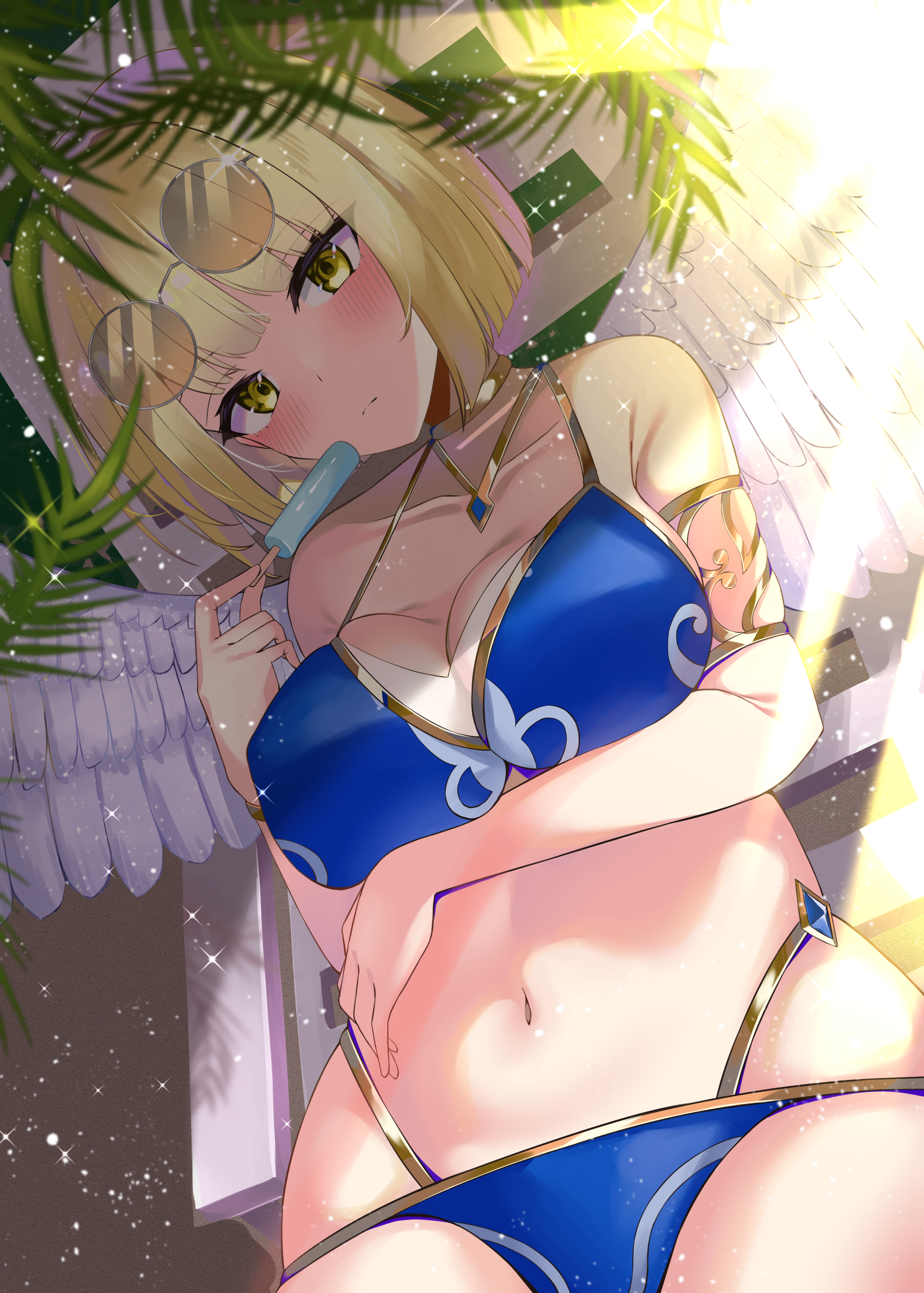nekouta, comiket 106, absurdres, highres, 1girl, angel wings, arm under breasts, bikini, blonde hair, blue bikini, blush, breasts, cleavage, eyewear on head, feathered wings, feathers, food, jewelry, large breasts, looking at viewer, navel, necklace, palm tree, popsicle, regulus (maimai), short hair, solo, sparkle, sunglasses, swimsuit, tree, white wings, wings, yellow eyes