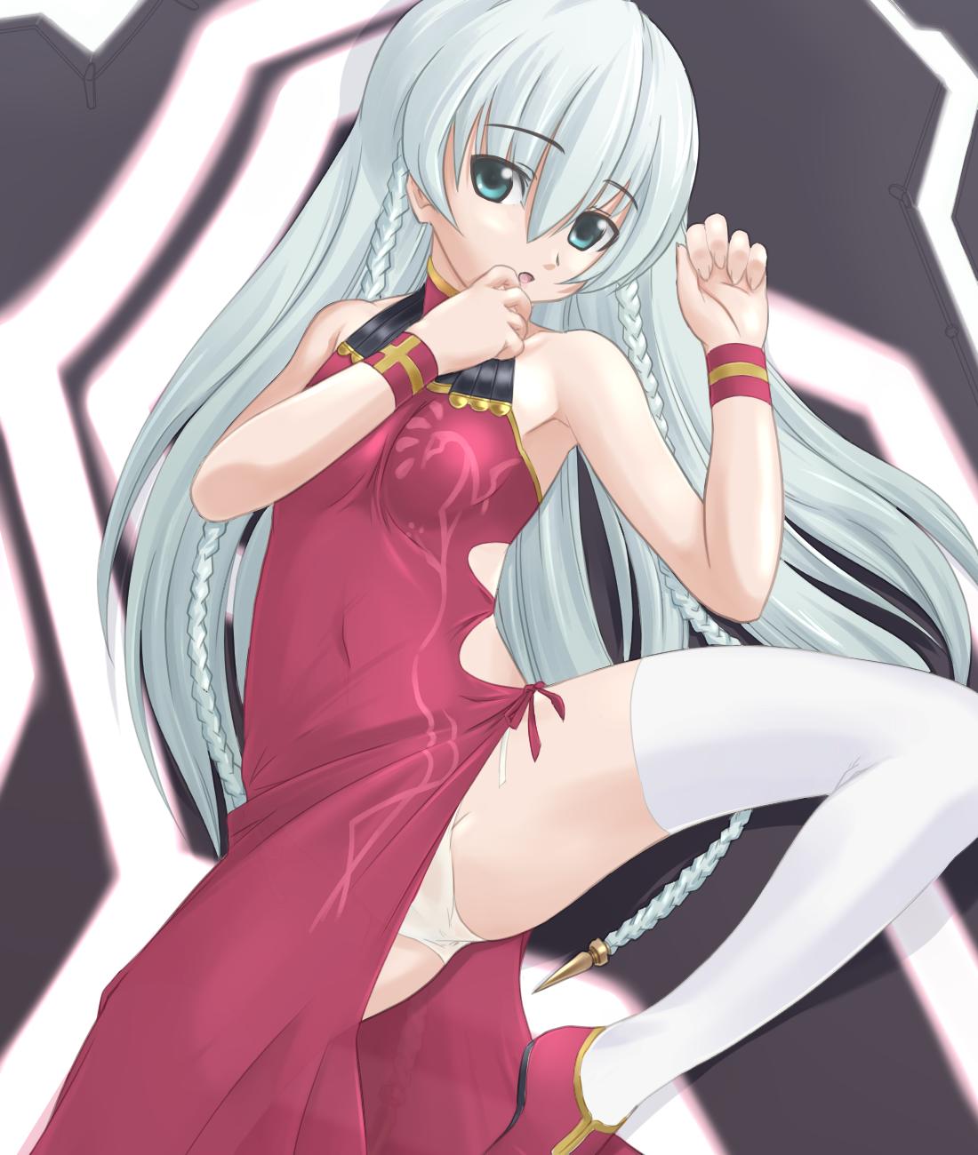 shurelia (ar tonelico), ar tonelico, ar tonelico i, gust, highres, 00s, 1girl, blue eyes, braid, china dress, chinese clothes, dress, female focus, leg lift, open mouth, panties, solo, thighhighs, underwear, white hair