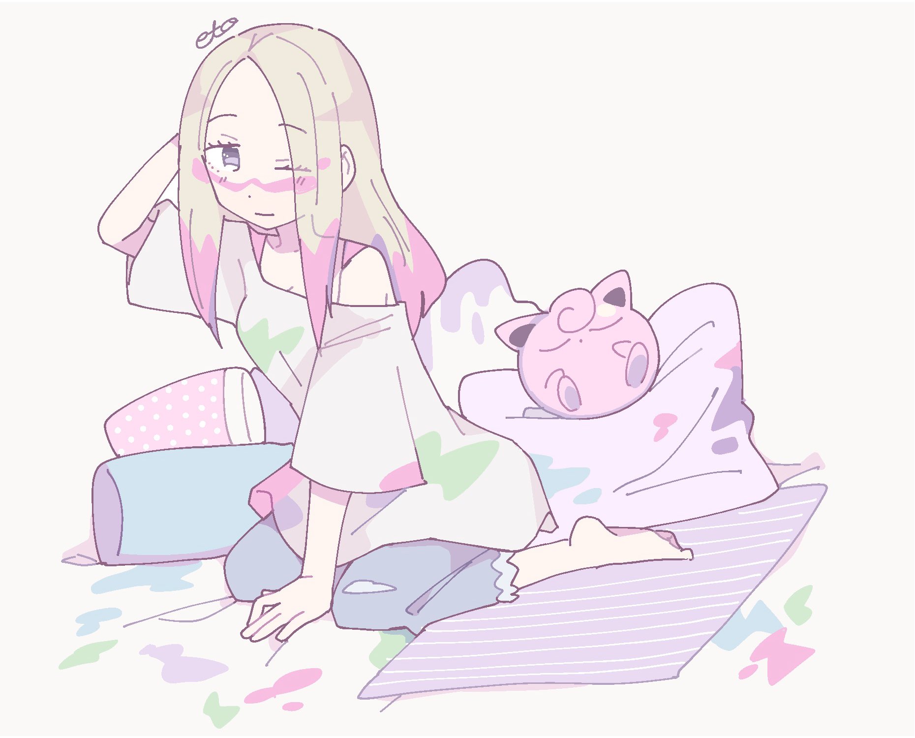 remoooon, jigglypuff, mina (pokemon), nintendo, pokemon, pokemon sm, highres, 1girl, barefoot, blonde hair, closed mouth, denim, dot mouth, facepaint, full body, gen 1 pokemon, grey eyes, jeans, kneeling, long hair, looking at viewer, oversized clothes, oversized shirt, paint in hair, paint on clothes, paint stains, pants, pillow, pokemon (creature), shirt, short sleeves, simple background, sleeping, white background, white shirt