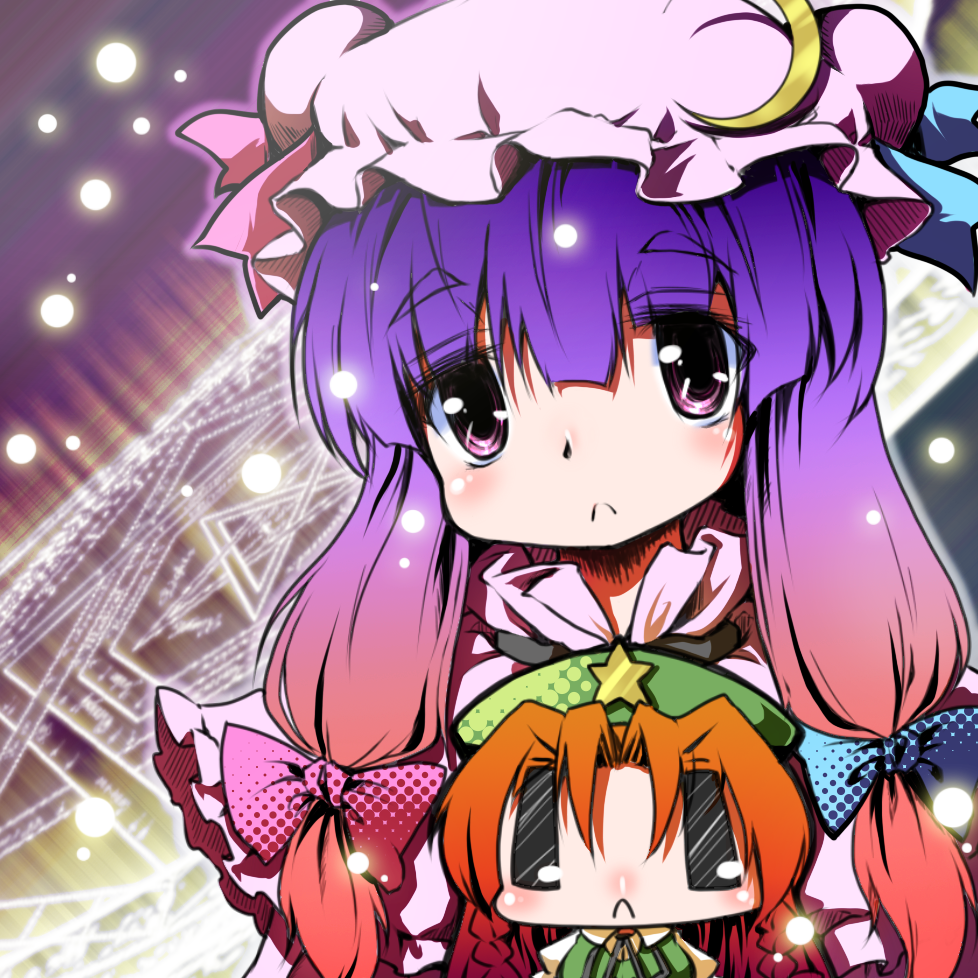 sayuu hanten, hong meiling, patchouli knowledge, embodiment of scarlet devil, touhou, 2girls, :<, bow, braid, chibi, crescent hat ornament, female focus, hair ribbon, hat, hat ornament, long hair, magic circle, multiple girls, pentagram, pink bow, purple eyes, purple hair, red eyes, red hair, ribbon, twin braids, wide face, | |