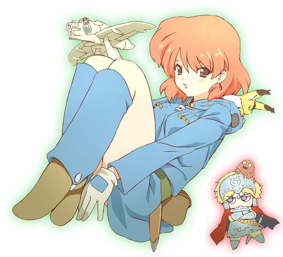 mamecchi, kitsunerisu, kushana, kyoshinhei, nausicaa, teto (nausicaa), kaze no tani no nausicaa, studio ghibli, 1980s (style), armor, blonde hair, blue eyes, brown eyes, cape, chibi, earrings, gloves, jewelry, oldschool, orange hair, retro artstyle, scale armor, short hair, sword, weapon