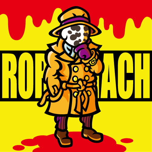 rorschach, dc comics, watchmen, striped, bad id, bad pixiv id, lowres, 1boy, blood, buttons, character name, chibi, coat, double-breasted, fedora, full body, gloves, hat, inkblot, long sleeves, male focus, mask, pants, pinstripe pants, pinstripe pattern, simple background, solo, standing, text focus, thinking, trench coat, yellow background