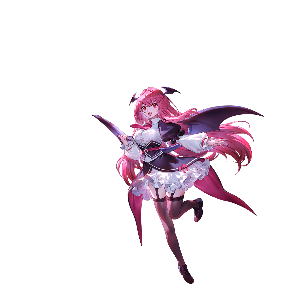 u u zan, koakuma, touhou, touhou gensou eclipse, game cg, highres, non-web source, official art, second-party source, 1girl, adapted costume, belt, black shoes, black skirt, black thighhighs, book, breasts, demon wings, full body, garter straps, head wings, holding, holding book, leg up, long hair, long sleeves, looking at viewer, necktie, open mouth, petticoat, puffy long sleeves, puffy sleeves, red eyes, red hair, red necktie, shoes, skirt, smile, solo, standing, standing on one leg, thighhighs, thighs, transparent background, underbust, very long hair, wings