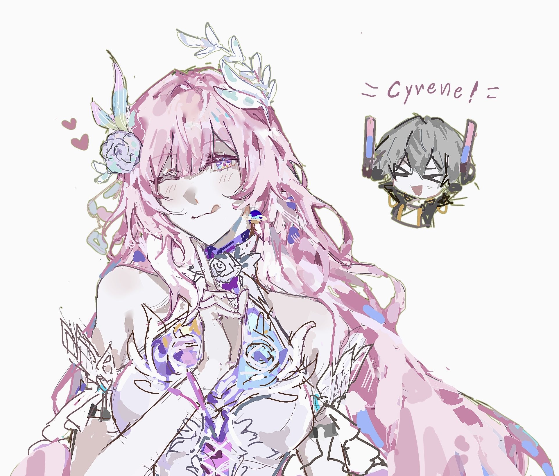 inagee2haha, cyrene (honkai: star rail), cyrene (ripples of past reverie) (honkai: star rail), honkai: star rail, honkai (series), commentary, english commentary, highres, > <, 1boy, 1girl, diamond-shaped pupils, diamond (shape), english text, flower, hair flower, hair ornament, heart, one eye closed, pink hair, pointy ears, purple eyes, simple background, symbol-shaped pupils, tongue, tongue out, upper body, white background