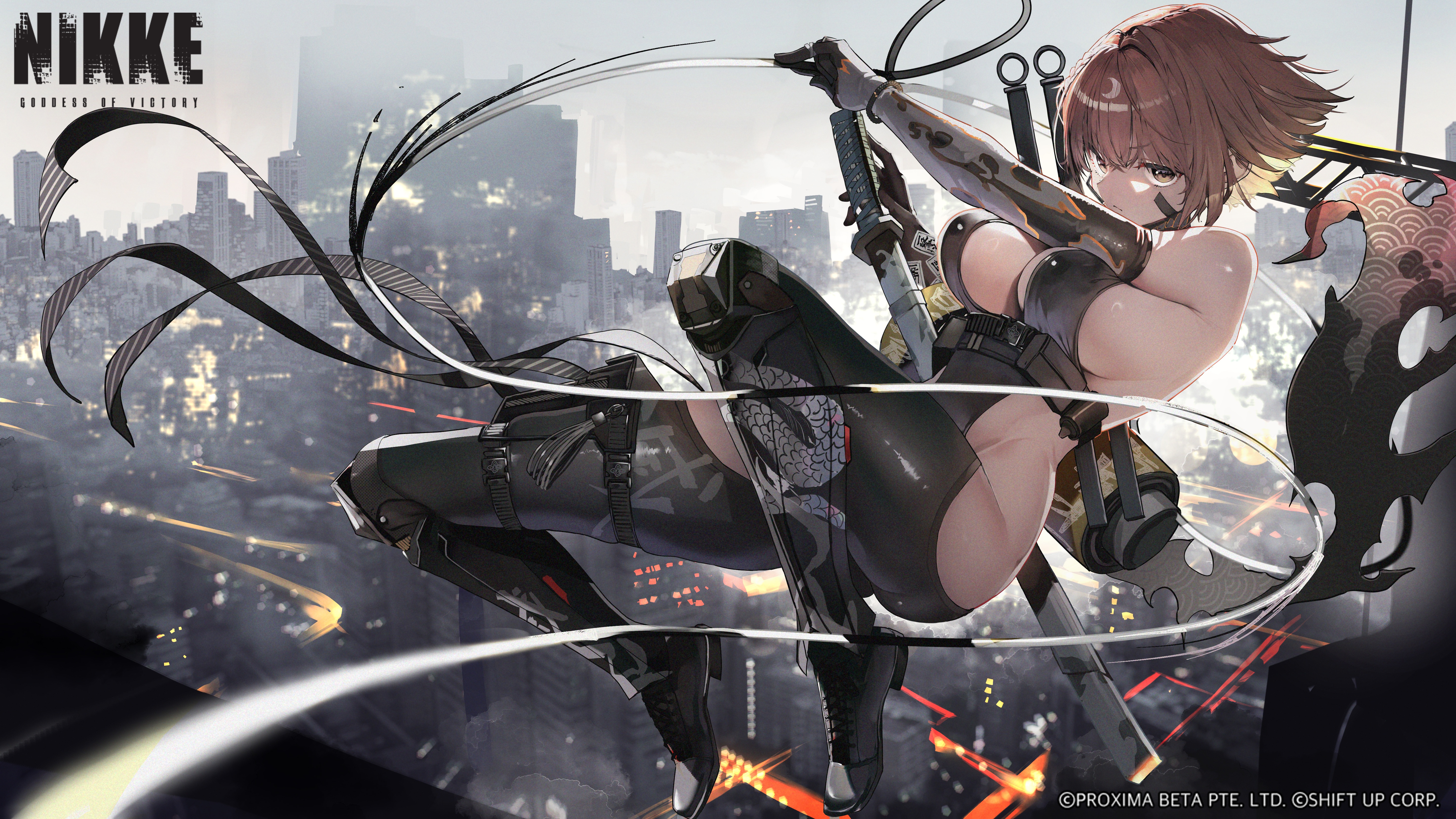 delta (nikke), delta (ninja thief) (nikke), goddess of victory: nikke, absurdres, commentary, english commentary, highres, official art, second-party source, 1girl, black gloves, braid, breasts, brown eyes, brown hair, cityscape, cleavage, closed mouth, clothing cutout, elbow gloves, gloves, hip vent, holding, holding weapon, large breasts, midair, ninja, official alternate costume, scarf, shiny clothes, shiny skin, short hair, solo, tattoo, weapon