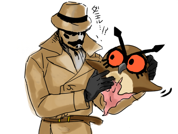 uso (stsksyc), hoothoot, rorschach, dc comics, nintendo, pokemon, watchmen, bad id, bad pixiv id, translated, 1boy, brown hat, crossover, fedora, gen 2 pokemon, gloves, hat, inkblot, jacket, male focus, mask, pokemon (creature), simple background, standing, white background