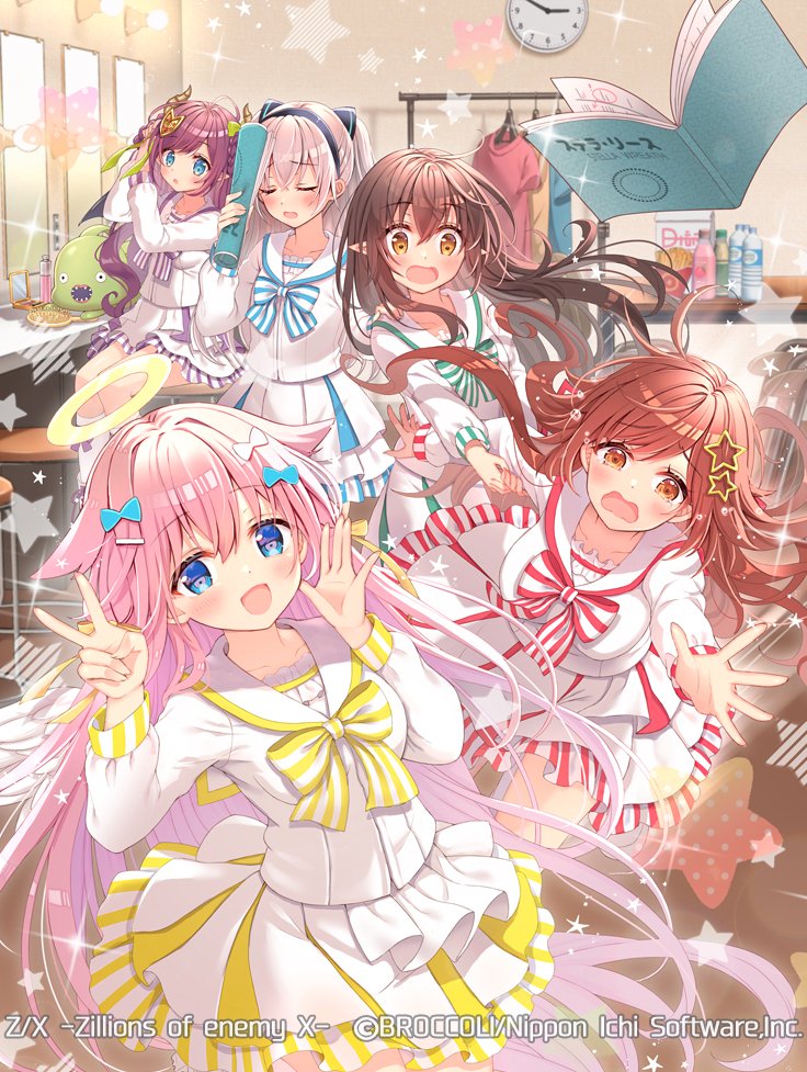 serino itsuki, z/x, official art, 5girls, black hair, black hairband, blue bow, blue eyes, book, bow, bowtie, braid, braided hair rings, brown eyes, brown hair, clock, closed eyes, clothes hanger, clothes rack, copyright notice, demon horns, dressing room, feathered wings, green bow, grey hair, hair bow, hair ornament, hair rings, hairband, hairclip, halo, holding, horns, idol clothes, indoors, long hair, marie (z/x), mirror, multiple girls, nu (z/x), open book, open mouth, pecteilis, pink hair, plastic bottle, pointy ears, prism (z/x), purple hair, script, shirt, skirt, sparkle, star (symbol), star hair ornament, stool, striped bow, striped bowtie, striped clothes, surprised, tears, traditional halo, ugly (z/x), v, very long hair, wall clock, white bow, white shirt, white skirt, wings, yellow eyes