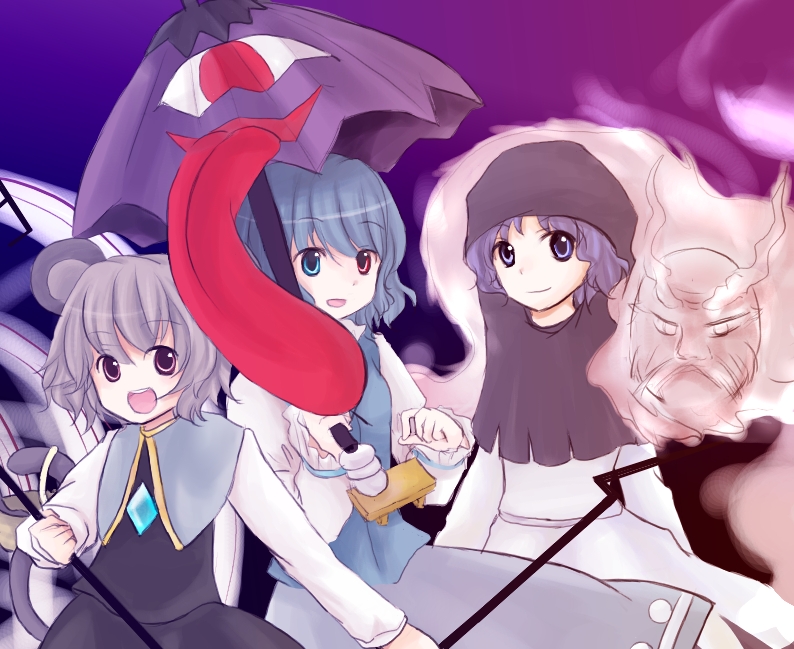 asano hiyori, sumochi, kumoi ichirin, nazrin, tatara kogasa, unzan, touhou, undefined fantastic object, 3girls, animal ears, heterochromia, hood, ichirin kumoi, karakasa obake, mouse ears, mouse tail, multiple girls, tail, umbrella