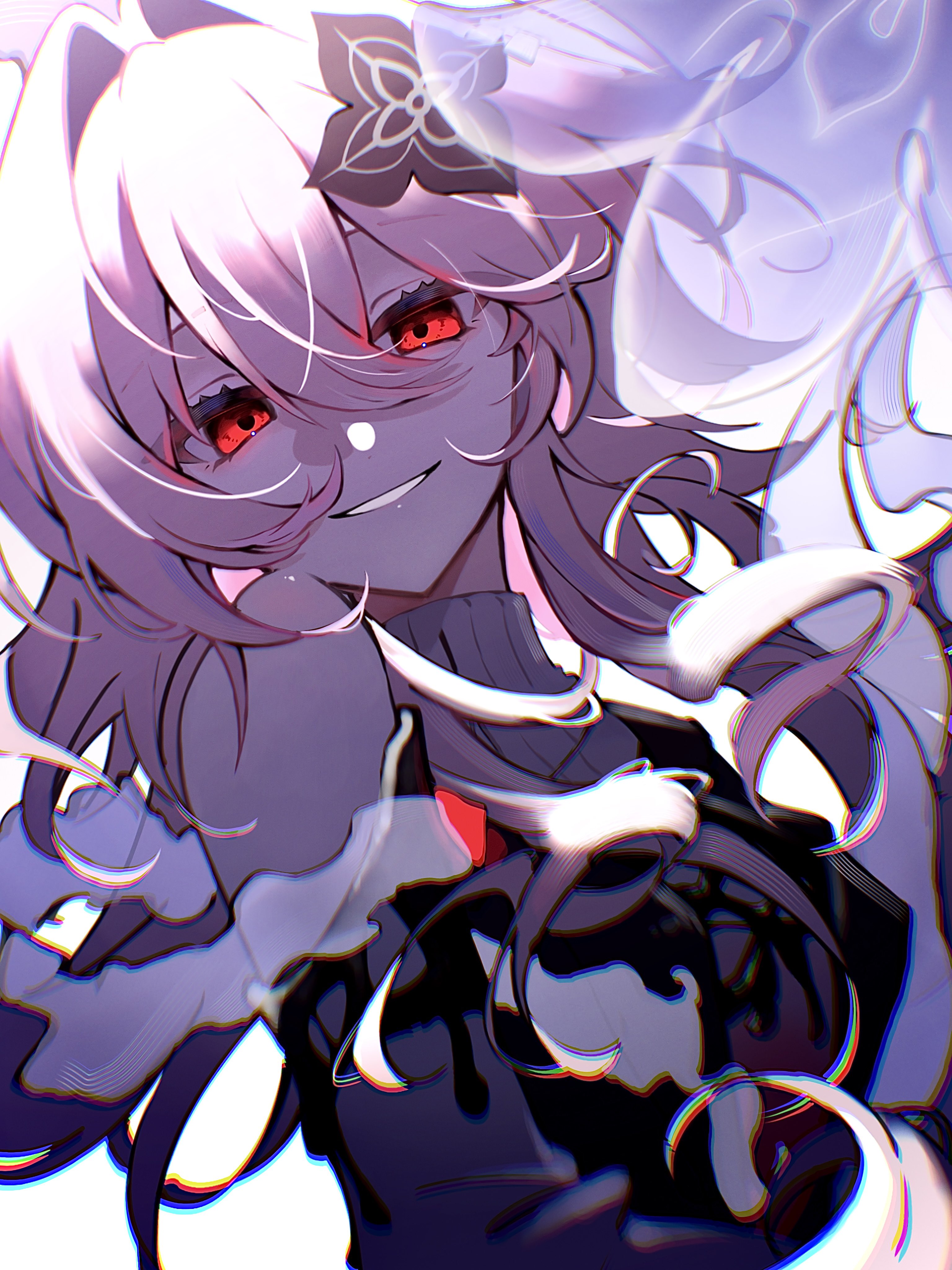 evernight (honkai: star rail), march 7th (honkai: star rail), honkai: star rail, honkai (series), absurdres, highres, 1girl, black flower, flower, flower ornament, glowing, glowing eyes, hair flower, hair ornament, hechima kana, looking at viewer, memosprite, official alternate eye color, pink hair, red eyes, smile, solo, upper body