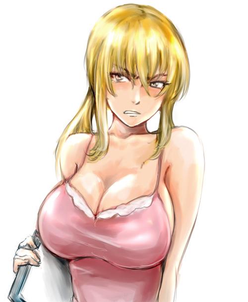 osakana (denpa yun'yun), lana nielsen, armored core, blonde hair, breasts, cleavage, solo
