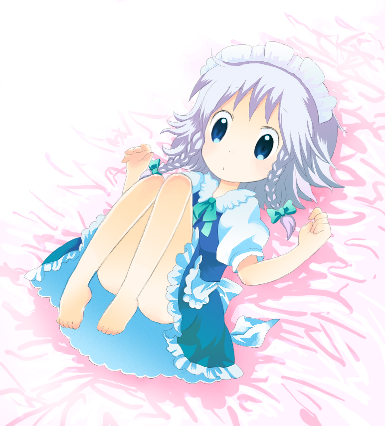 rias-shiki kawaii, izayoi sakuya, touhou, bad id, bad pixiv id, 1girl, aged down, barefoot, blue eyes, braid, dress, feet, female focus, full body, hairband, maid, ribbon, solo, twin braids