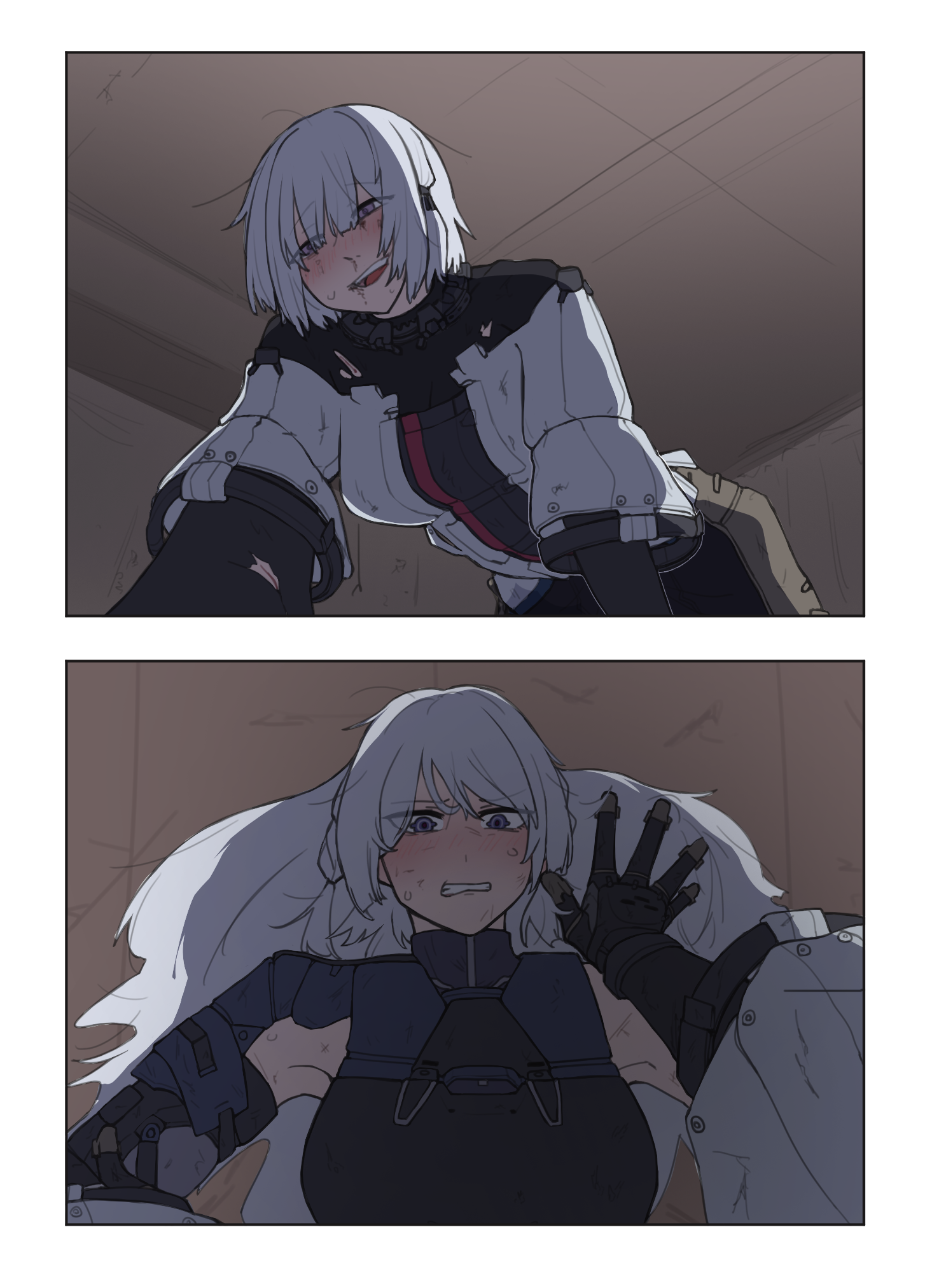 natawaru, ak-15 (girls' frontline), rpk-16 (girls' frontline), girls' frontline, highres, 2girls, breasts, embarrassed, long hair, long sleeves, looking at another, multiple girls, open mouth, purple eyes, short hair, smile, sweat, sweatdrop, tactical clothes, torn clothes, white hair