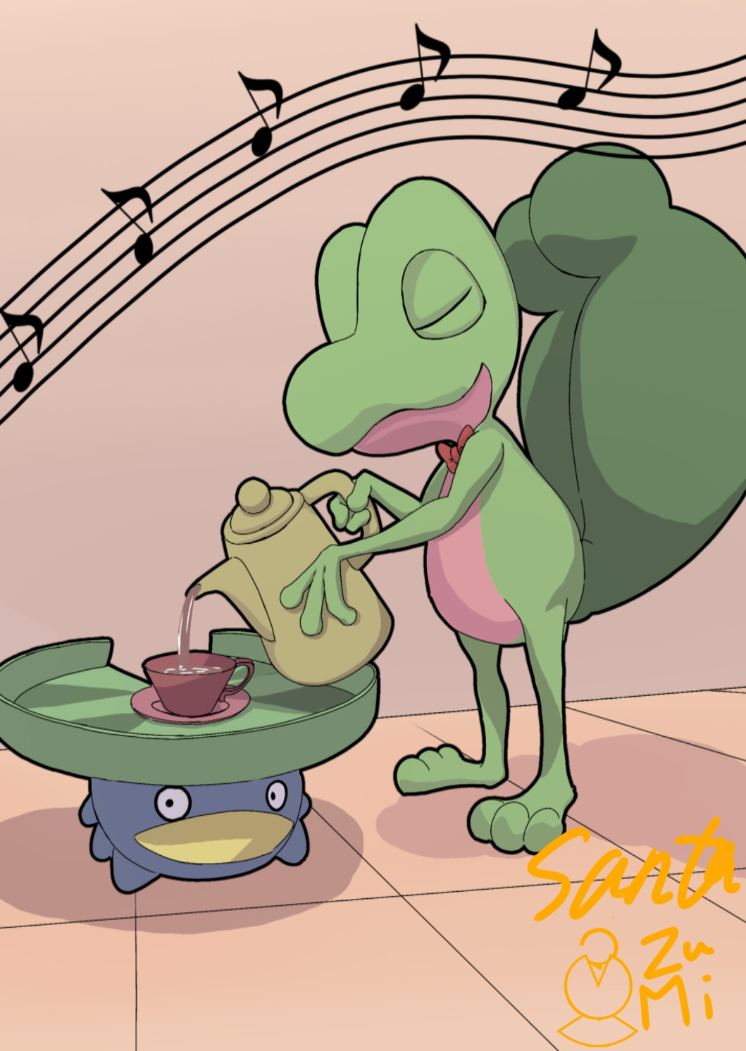 lotad, treecko, nintendo, pokemon, highres, artist name, bow, bowtie, closed eyes, cup, eighth note, gen 3 pokemon, musical note, no humans, pokemon (creature), pouring, red bow, red bowtie, santazumi, standing, teacup, teapot