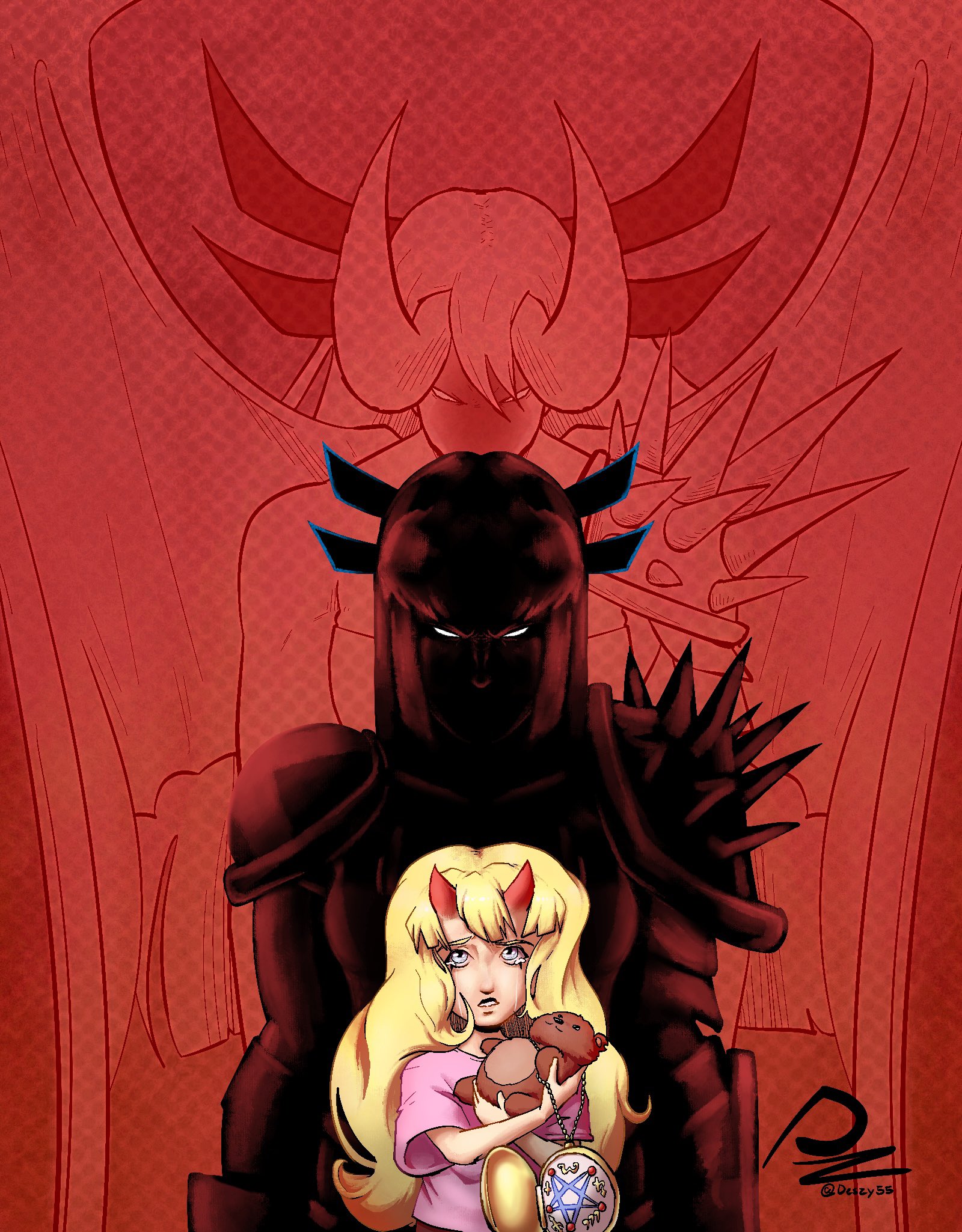 magik (x-men), marvel, new mutants, x-men, commentary, english commentary, highres, 1girl, age comparison, aged down, artist name, blonde hair, crying, crying with eyes open, demon girl, deszy55, holding, holding stuffed toy, horns, large horns, long hair, pink shirt, red horns, shirt, shoulder spikes, spikes, stuffed animal, stuffed toy, tears, teddy bear, twitter username, wings