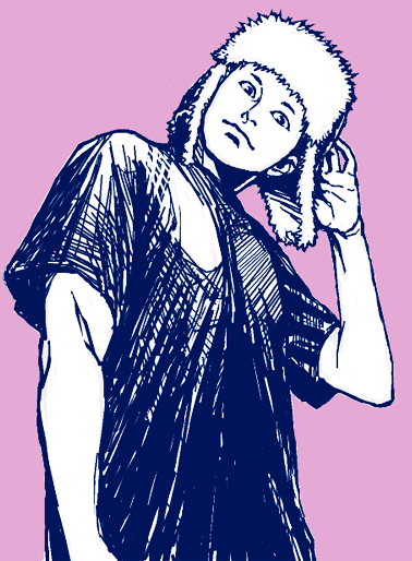 claptrack, fujita (dorohedoro), dorohedoro, bad id, bad pixiv id, 1boy, hat, head tilt, male focus, monochrome, simple background, smile, solo