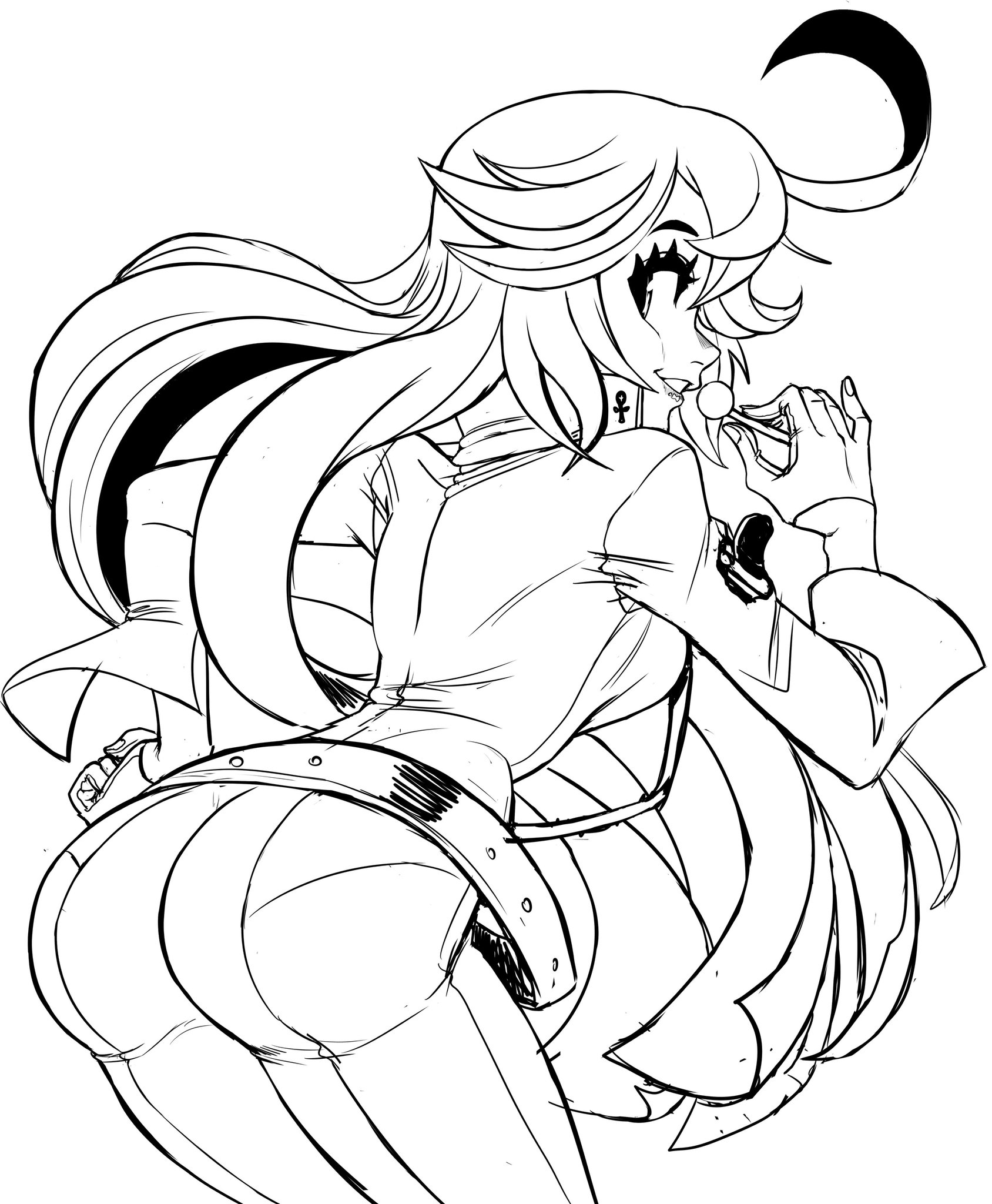 teevo, jack-o' valentine, guilty gear, ankh, ass, belt, butt crack outline, candy, food, gluteal fold, hand on own hip, jumpsuit, lollipop, long hair, looking at breasts, sketch, skin tight, straight hair