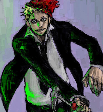 shin (1893656), shin (dorohedoro), dorohedoro, lowres, 1boy, belt, buckle, crazy eyes, crazy smile, formal clothes, hammer, male focus, mask, necktie, scar, smile, solo, suit, tuxedo