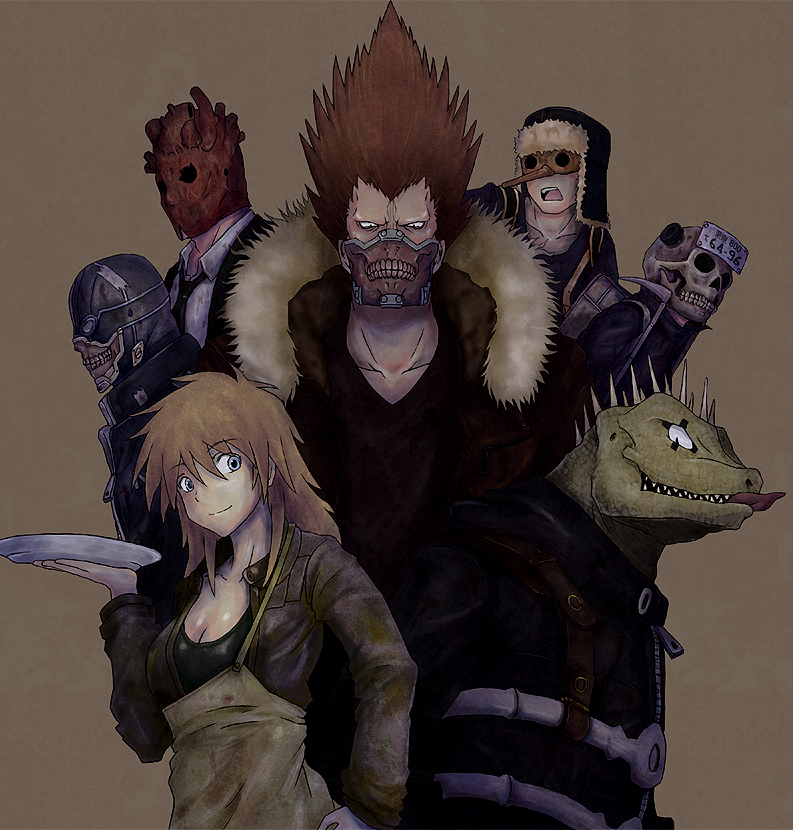 uo ichiba, caiman (dorohedoro), ebisu (dorohedoro), en (dorohedoro), fujita (dorohedoro), nikaidou (dorohedoro), noi (dorohedoro), shin (dorohedoro), dorohedoro, 2girls, 4boys, apron, backpack, bag, blonde hair, blue eyes, breasts, cleavage, formal clothes, fur trim, glaring, hat, lizard, long hair, mask, medium breasts, multiple boys, multiple girls, necktie, no eyebrows, plate, skull, skull mask, smile, suit, tattoo, tongue, zipper