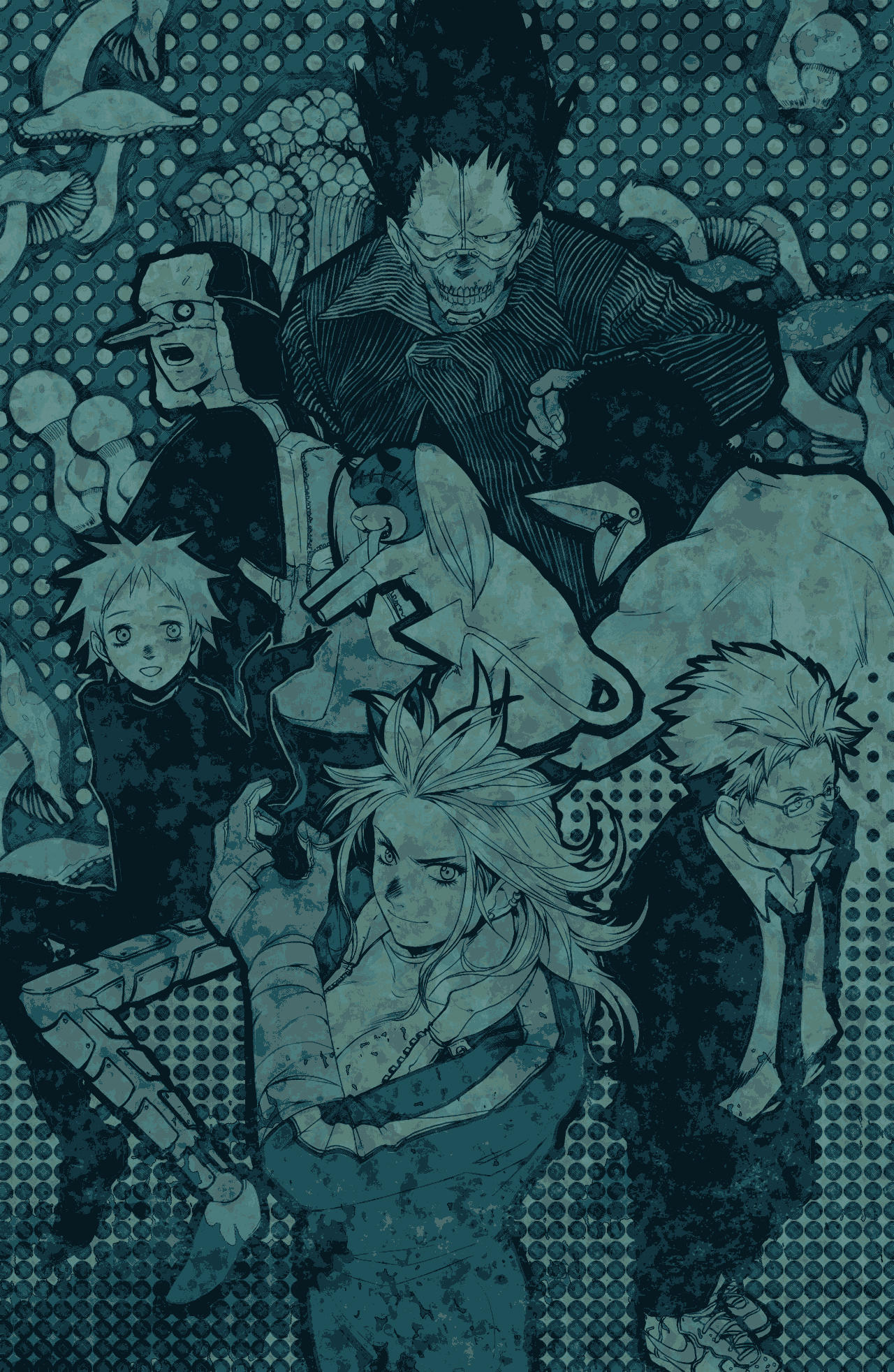 kuji, chota, ebisu (dorohedoro), en (dorohedoro), fujita (dorohedoro), kikurage (dorohedoro), noi (dorohedoro), shin (dorohedoro), dorohedoro, highres, 2girls, 4boys, backpack, bag, blue theme, breasts, cleavage, earrings, formal clothes, glasses, gloves, hat, hug, jewelry, long hair, mask, monochrome, multiple boys, multiple girls, mushroom, necktie, no eyebrows, open mouth, piercing, shoes, smile, sneakers, suit, teeth, track suit