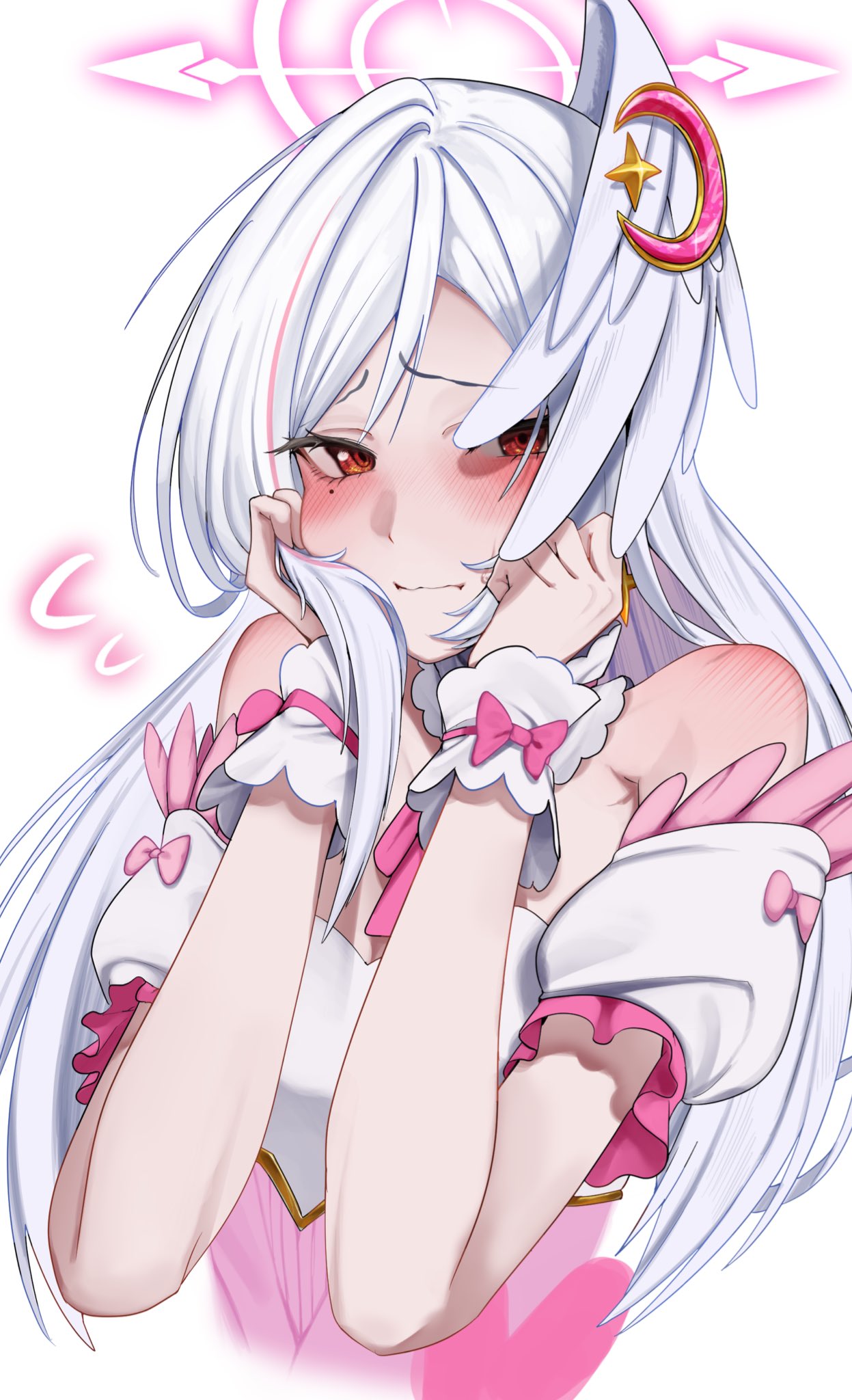 oekaki nyagama, suzumi (blue archive), blue archive, highres, 1girl, bare shoulders, embarrassed, grey wings, halo, head wings, magical girl, pink halo, single hair intake, single head wing, single wing, solo, star ornament, suzumi (magical) (blue archive), upper body, wing ornament, wings