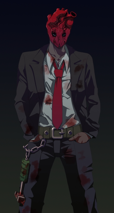 shin (1893656), tsukumo (soar99), shin (dorohedoro), dorohedoro, 1boy, belt, blood, buckle, chain, dark, formal clothes, glaring, hammer, hands in pockets, heart (organ), male focus, mask, necktie, scar, shirt, solo, suit, tuxedo