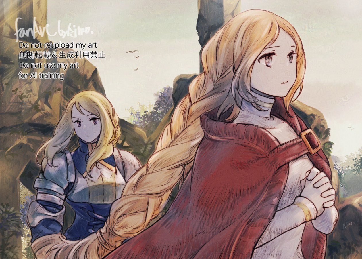 hoshimaru (ajino), agrias oaks, ovelia atkascha, final fantasy, final fantasy tactics, 2girls, armor, blonde hair, braid, cape, long hair, long sleeves, looking ahead, looking at another, multiple girls, outdoors, own hands clasped, own hands together, parted lips, red cape, turtleneck, upper body, watermark, wind