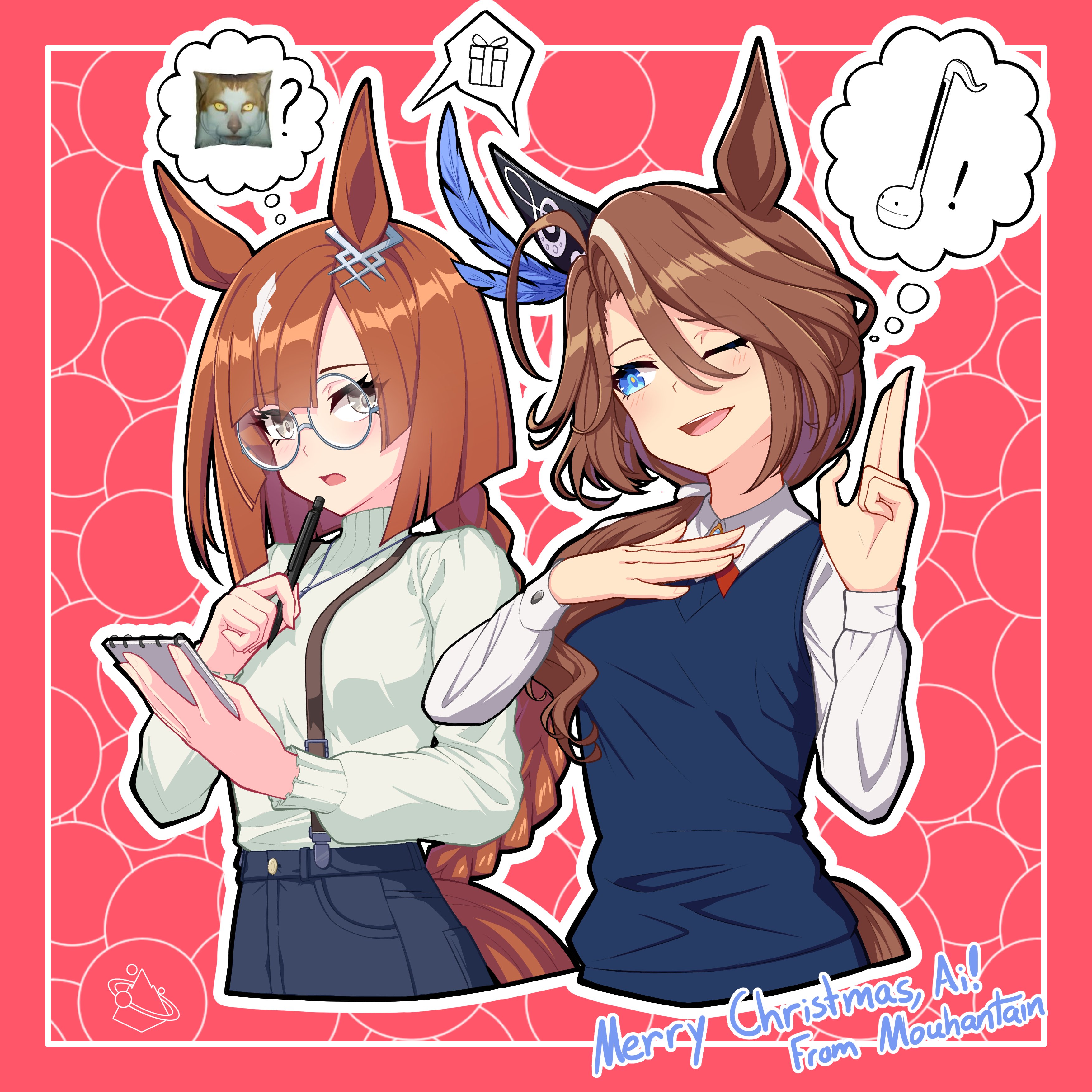 mouhantain, ikuno dictus (umamusume), sounds of earth (umamusume), umamusume, absurdres, highres, ahoge, animal ears, blue eyes, bow, braid, braided ponytail, brown hair, closed eyes, ear covers, ear ornament, ears through headwear, glasses, grey-framed eyewear, hair between eyes, hair ornament, holding, horse ears, horse girl, horse tail, long hair, long sleeves, meme, monday left me broken cat (meme), multicolored hair, multiple girls, open mouth, rimless eyewear, round eyewear, shirt, single ear cover, smile, streaked hair, tail