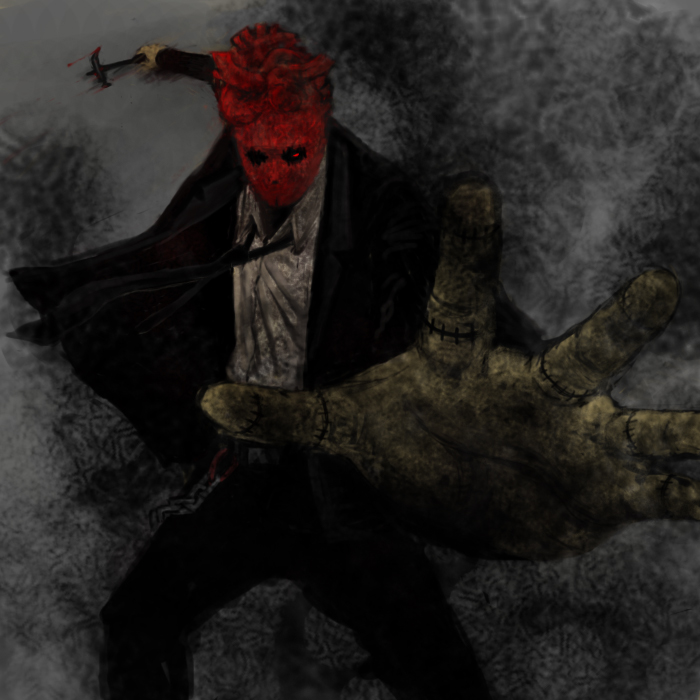 shin (1893656), shin (dorohedoro), dorohedoro, 1boy, fighting stance, formal clothes, hammer, heart (organ), male focus, mask, necktie, scar, smoke, solo, suit, tuxedo