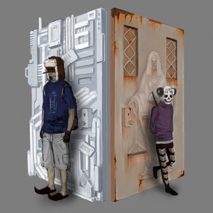 ebisu (dorohedoro), fujita (dorohedoro), dorohedoro, 1boy, 1girl, arms behind back, backpack, bag, door, gloves, hat, leaning, mask, shorts, simple background, skull, skull mask
