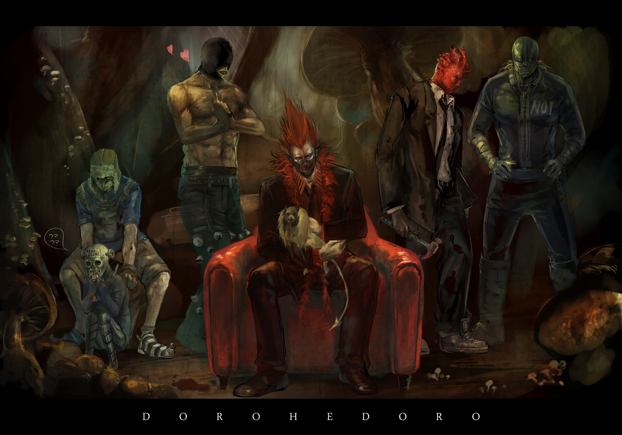 hage2013, chota, ebisu (dorohedoro), en (dorohedoro), fujita (dorohedoro), kikurage (dorohedoro), noi (dorohedoro), shin (dorohedoro), dorohedoro, bad id, bad pixiv id, highres, 2girls, 4boys, armchair, chair, eating, formal clothes, hammer, heart, mask, multiple boys, multiple girls, muscular, mushroom, necktie, no eyebrows, sitting, skull, suit, topless female